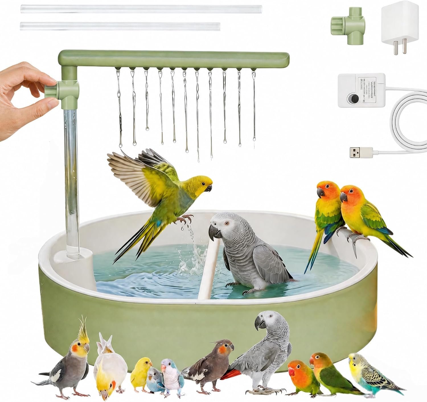 Automatic Bird Bath, Parrot Shower with Circulating Water, Green Pipe