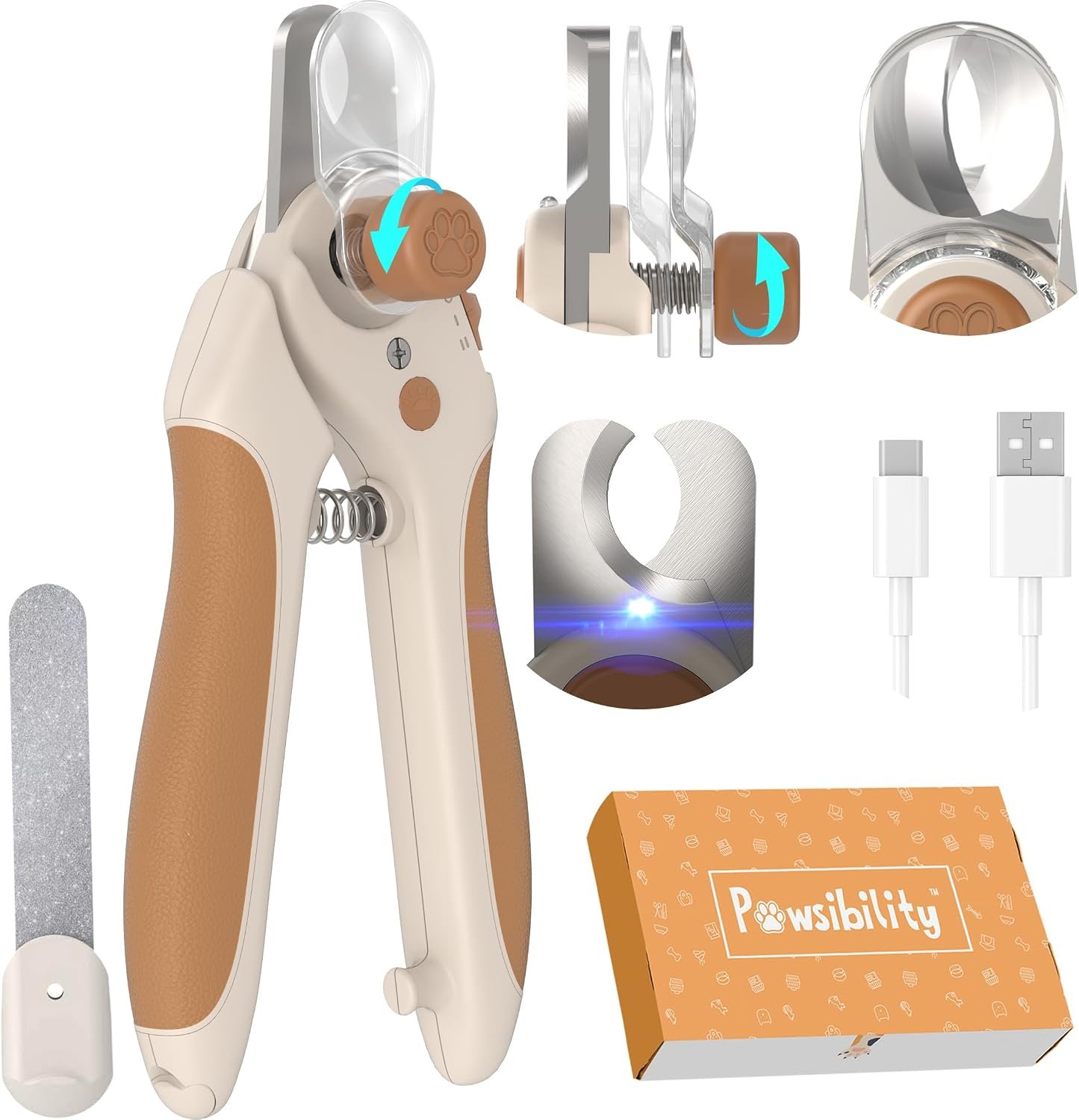 Pawsibility Pet Nail Clipper PRO 2026 -​​ ​​Quick-Vision LED Light | 2-Stage Adjustable Professional-Grade Blade | Adjustable Magnifier Safety Guard – for Cats, Small, Medium and Large Dogs – Brown