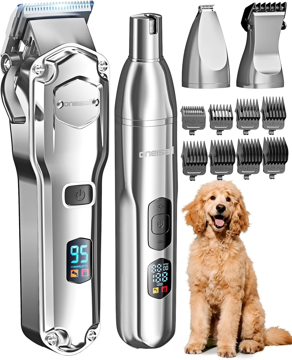 oneisall Dog Clippers for Grooming Thick/Matted Hair, 4-in-1 Grooming Kit | Detachable Stainless Steel Blade, Powerful Motor, IPX6 Waterproof, Low Noise, Paw Trimmer and Nail Grinder, 9 Guide Combs