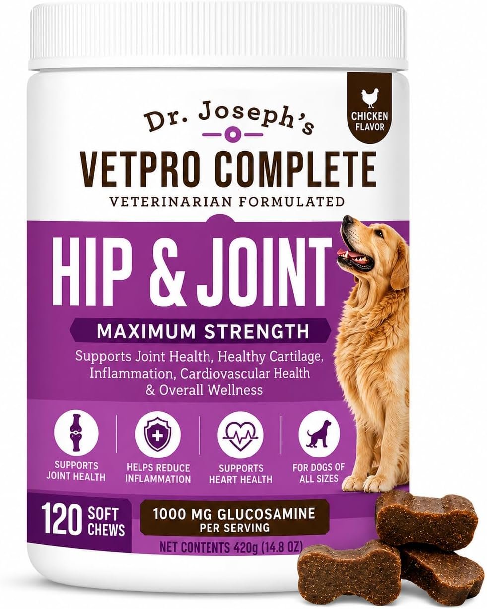 Dr. Joseph’s VetPro Complete Dog Hip & Joint Wellness Supplement – High-Strength Glucosamine, MSM, Omega & Chondroitin Chews and Breeds – Vet Formulated Chicken Dog Treat – 120 Count