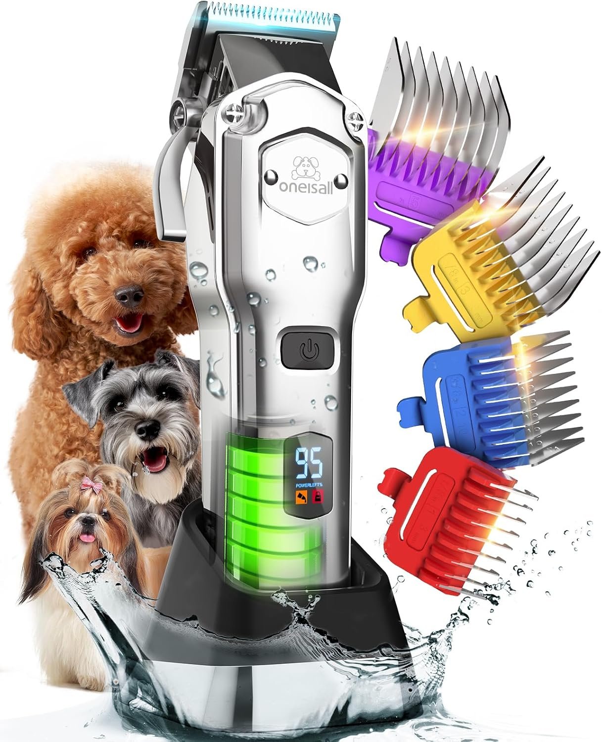 oneisall Professional Dog Grooming Clippers for Thick Hair | 4 Metal Combs,Stainless Steel Blades,Rechargeable Cordless,Low Noise,4H Runtime,IPX7 Waterproof,LED Display,676PRO