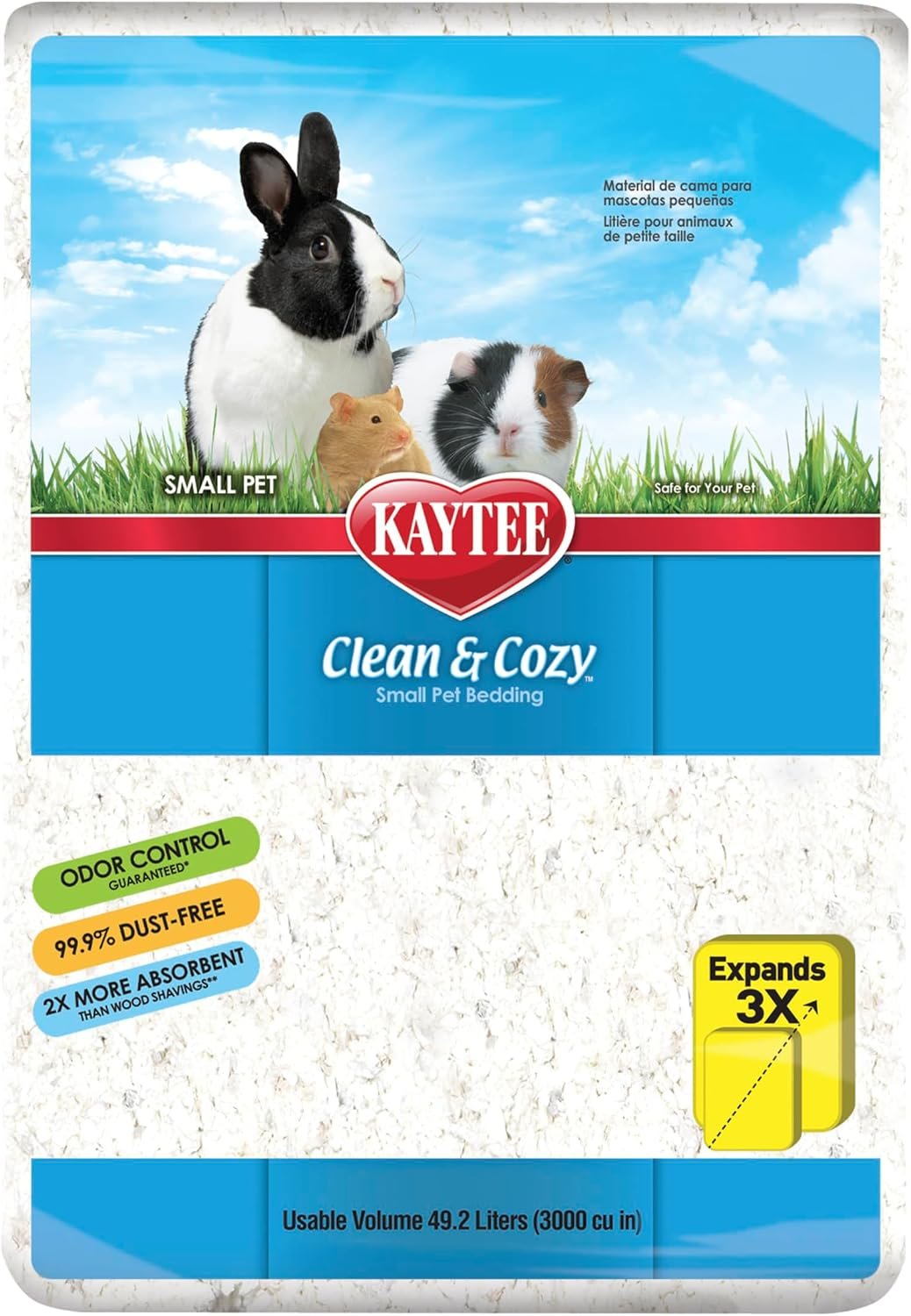 Kaytee Clean & Cozy Paper Bedding for Small Animals, White, 49.2 Liters | Fresh habitats. Soft guinea pig bedding. Odor control, rabbit bedding use, 99% dust-free