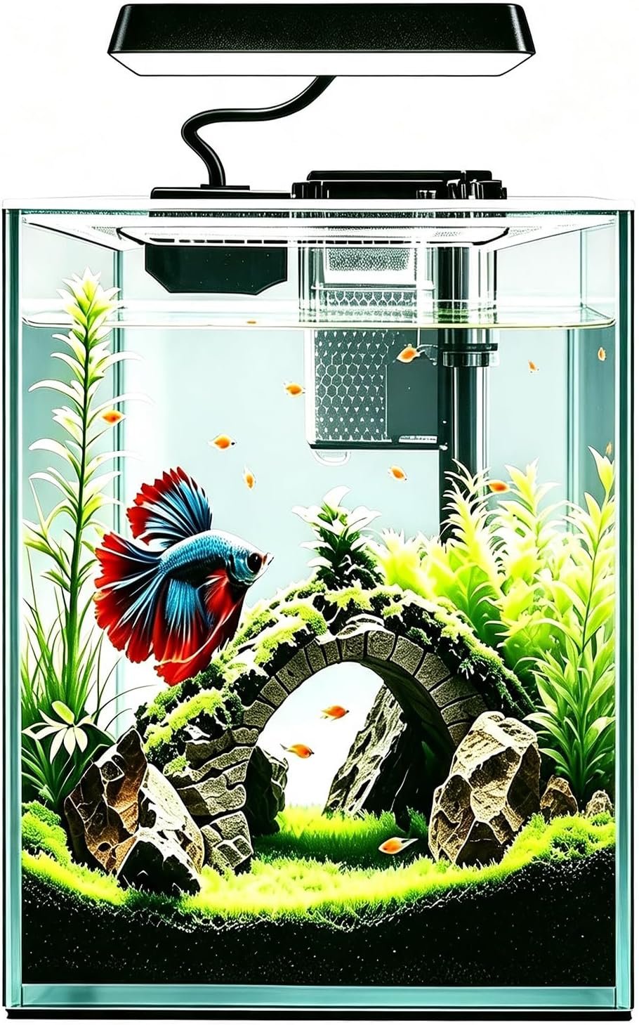 Ultra White Glass Betta Aquarium Starter Kits 1.5 Gallon Small Fish Tank, Betta Fish Tank with LED Light, Power Filter, 4mm Glass