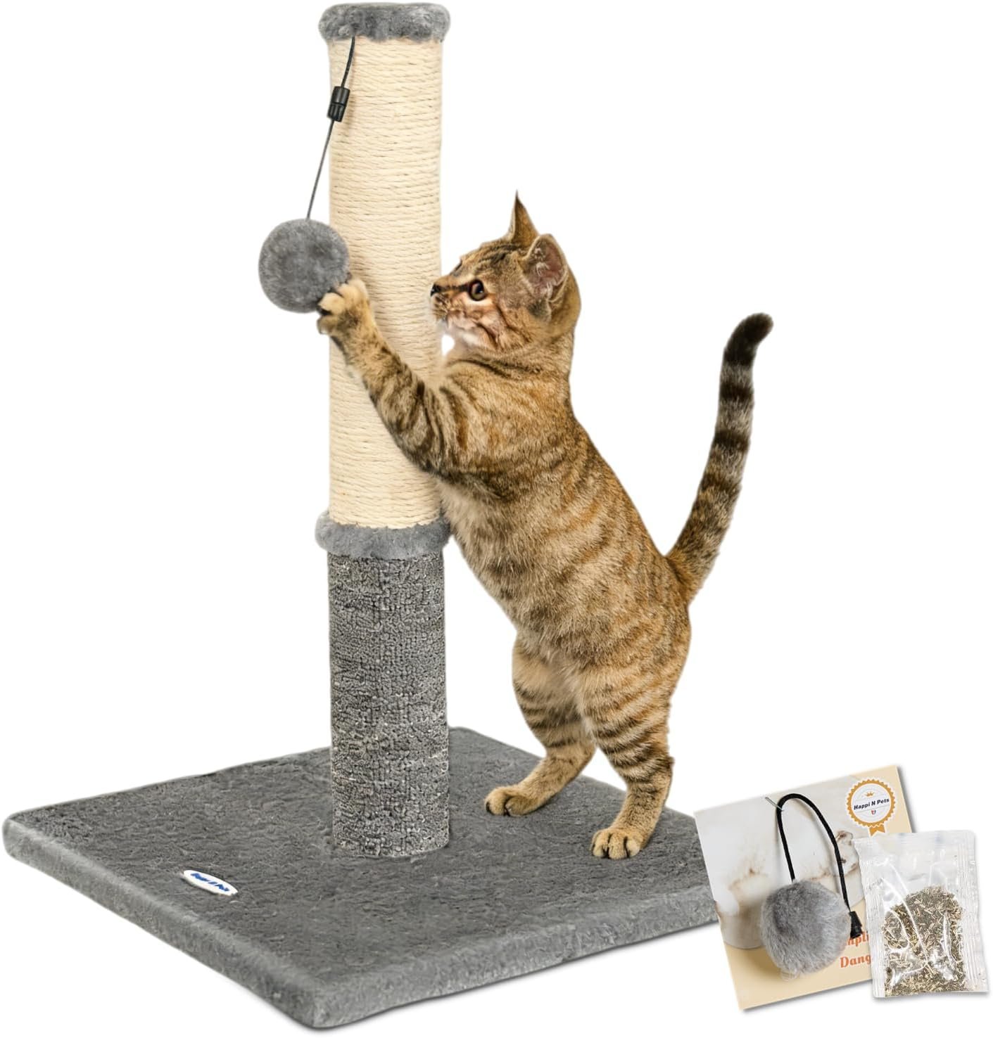 Happi N Pets Cat Scratching Post, Cat Scratchers for Indoor Cats, with Toys | For Kitten & Medium Cats, Sisal & Carpet In One For Various Scratching Needs, Solid Structure, Extra Free Toy, Light Gray