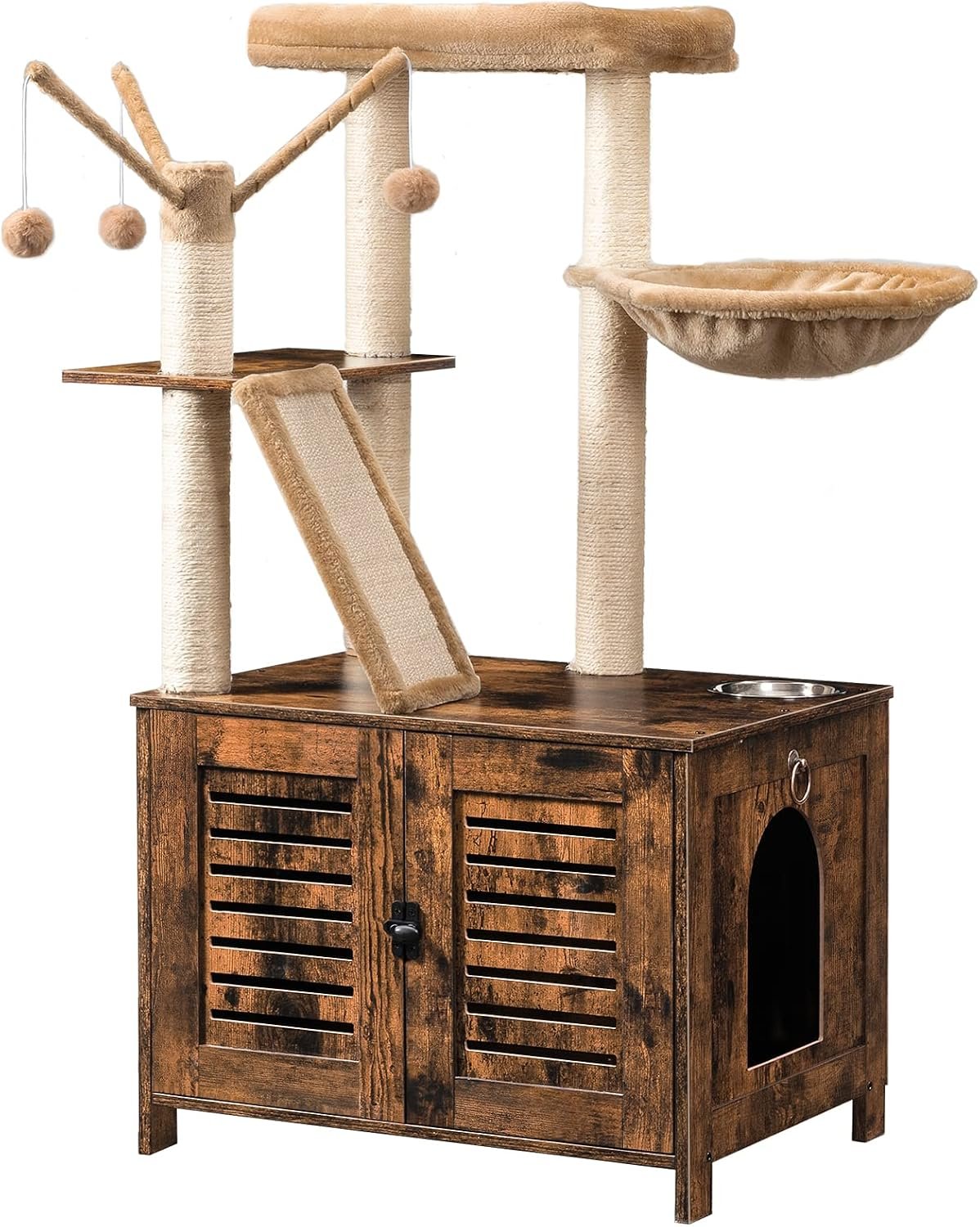 HOOBRO Cat Tree with Litter Box Enclosure, 44″ Tall Wooden Cat Tower with Scratching Posts, Cat Hammock, Hidden Litter Box Furniture, All-in-One Indoor Cat Condo, Rustic Brown FG48MZ03