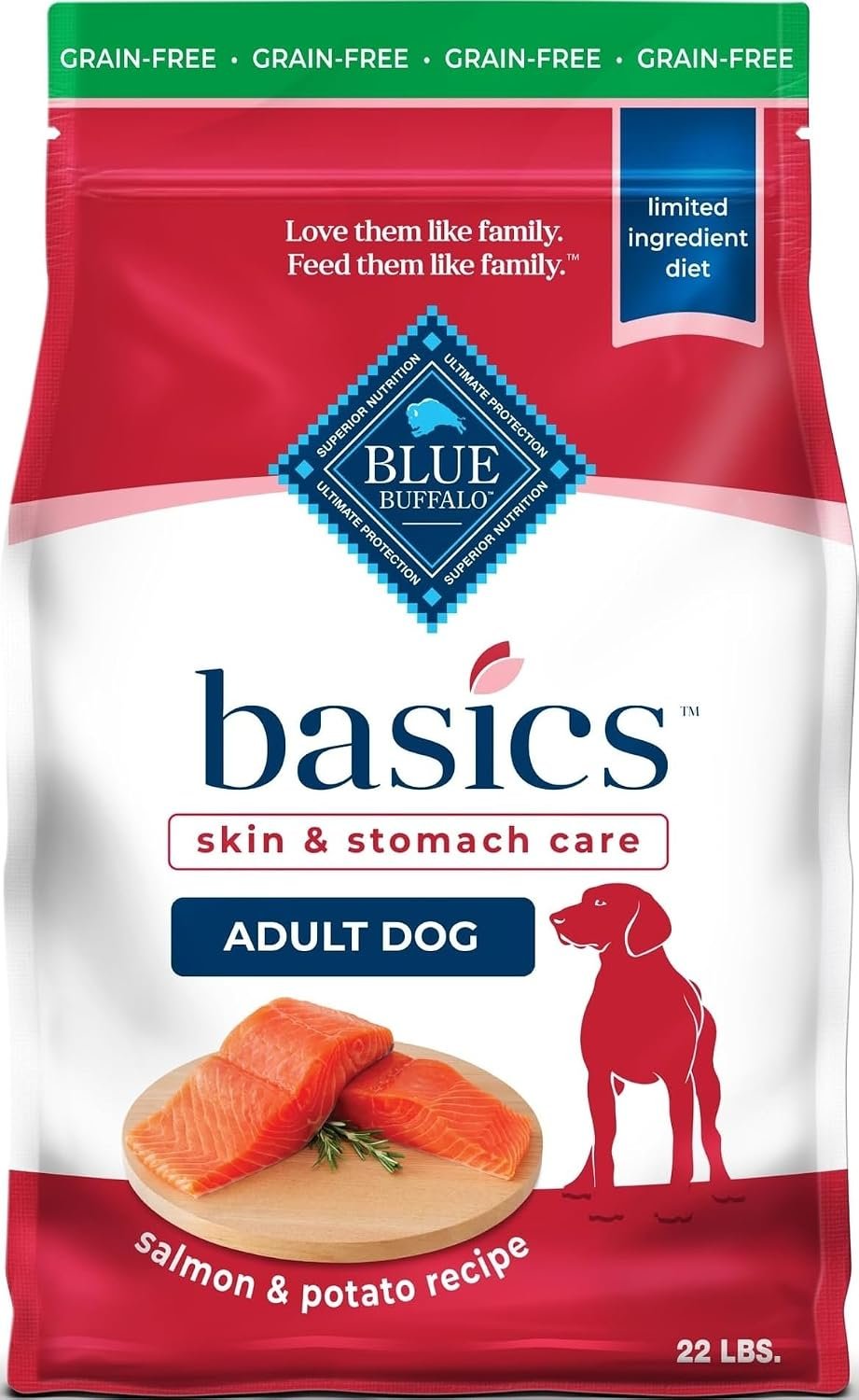 Blue Buffalo Basics Salmon Adult Grain-Free Dry Dog Food, 22 lb | Skin & Stomach Care, Real Salmon #1 Ingredient, Limited Ingredient Diet, Antioxidant-Rich LifeSource Bits, Skin & Coat Health