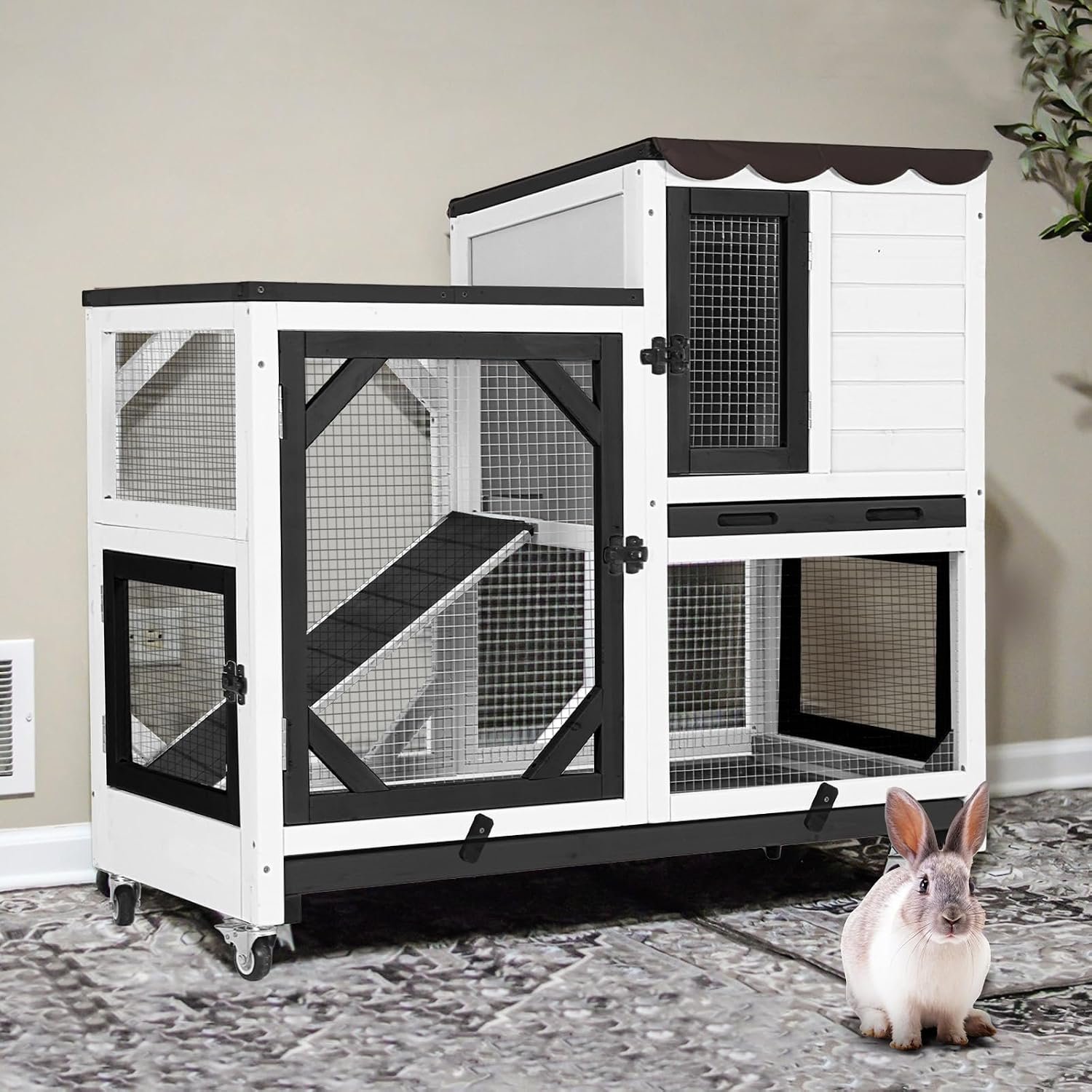Gutinneen 2-Story Rabbit Hutch Bunny cage with Chew-Proof Ramp, Locking Leak-Proof Trays – Indoor/Outdoor 39.3″ Wooden Rabbit Cage with Wheels for Rabbits, Guinea Pigs, Small Animal (Black and White)