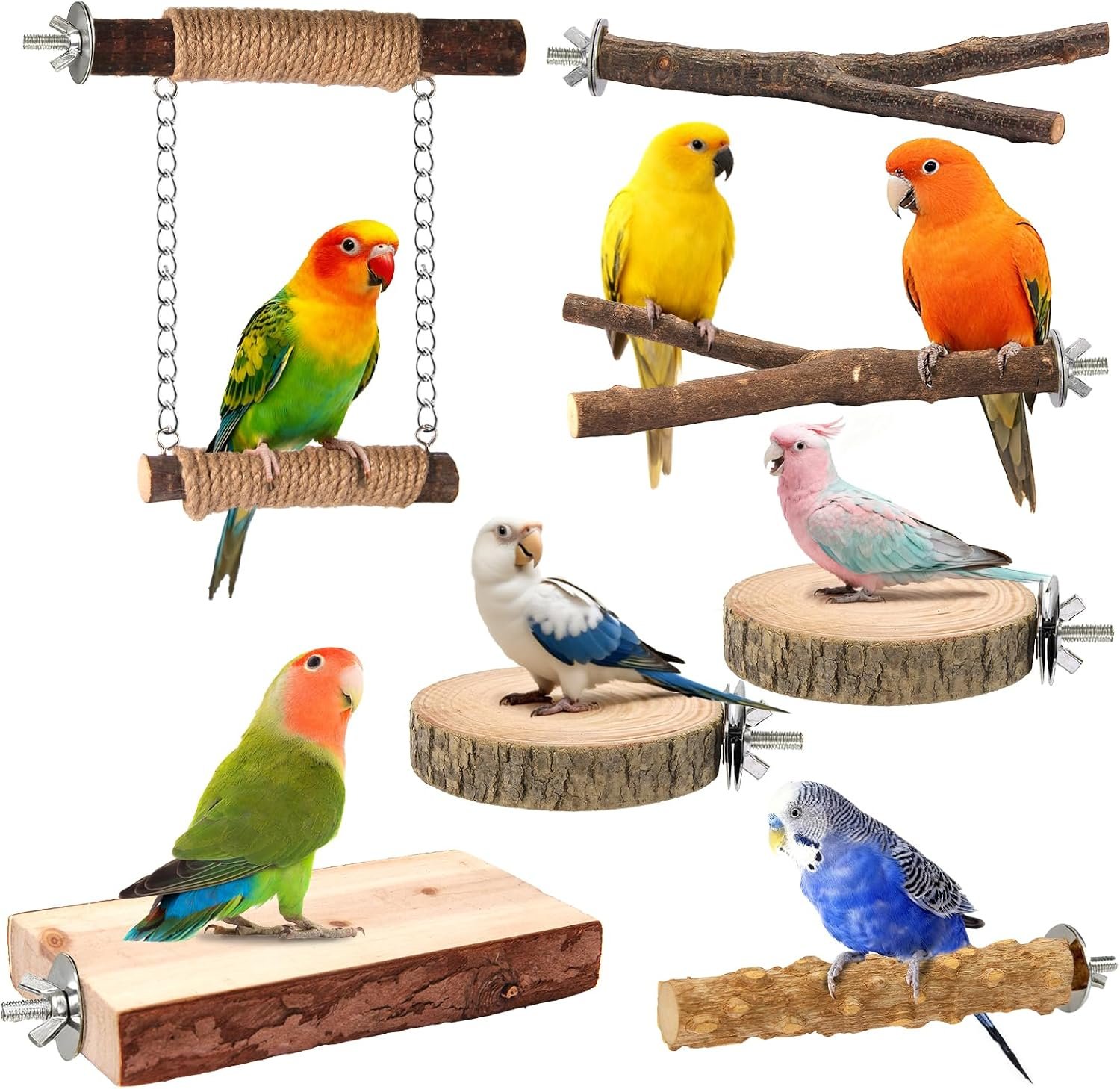 7-Piece Bird Perches for Cage- Wooden Parrot Stand with Fork Toys, Hanging Multi-Branch Platform, Hammock Swing, Gym Playstand & Chewing Toys – for Parakeets, Budgies, Lovebirds – Durable