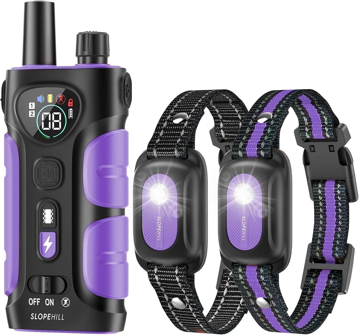 SLOPEHILL Dog Shock Collar 2 Dogs (8-140Lbs),4200FT Dog Training Collar | IP68 Waterproof e Collar with Beep,Vibration,Safe Shock,Flash Light,No Shock Model, Shock Collar for Dogs with Remote,Purple