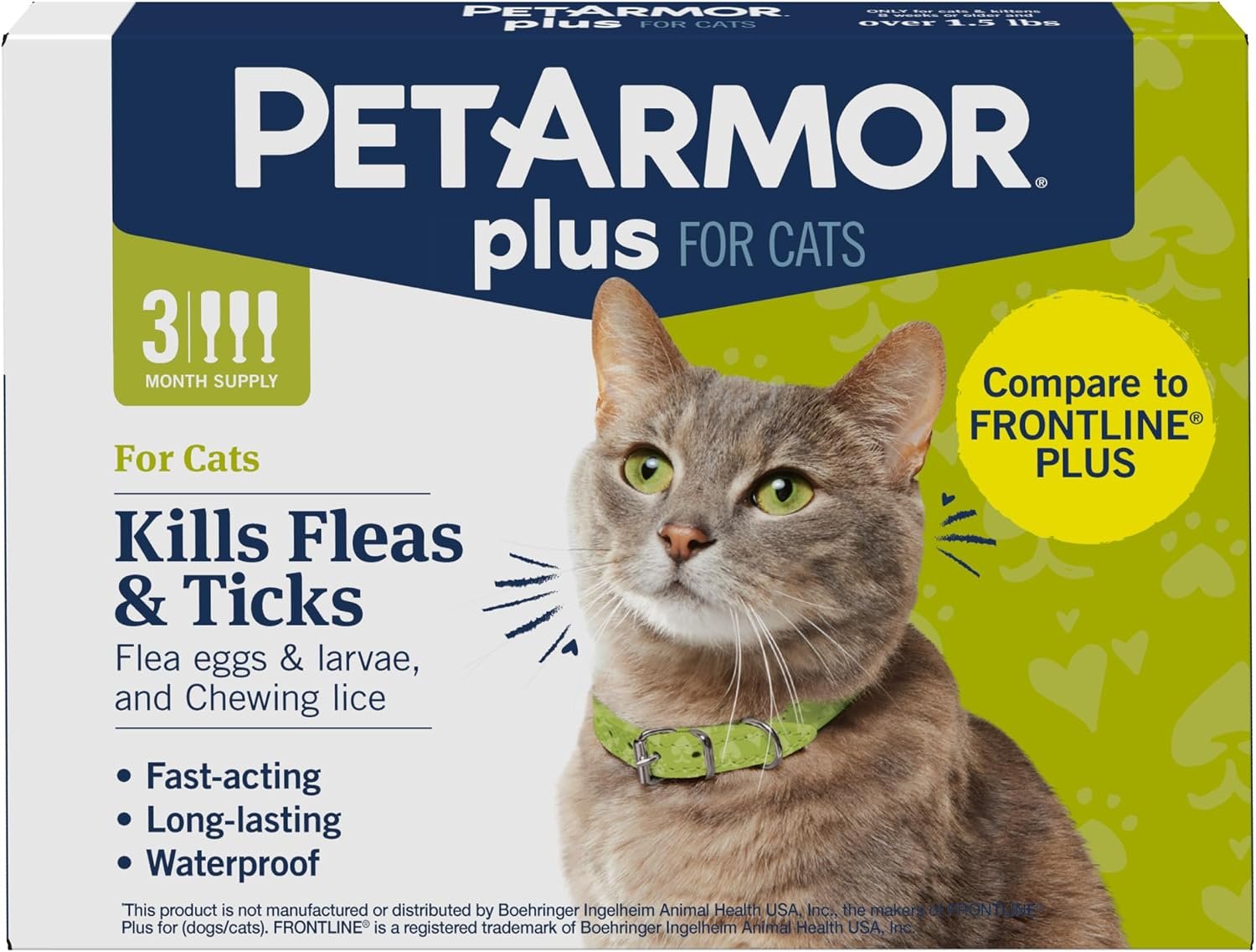 PetArmor Plus Flea and Tick Prevention for Cats, Cat Flea and Tick Treatment, 3 Doses, Waterproof Topical, Fast Acting, Cats Over 1.5 lbs | Ideal for Cats 1.5 lbs+; Kills Fleas, Eggs, Larvae, Ticks & Lice; 3-month supply; Waterproof Cat Topical