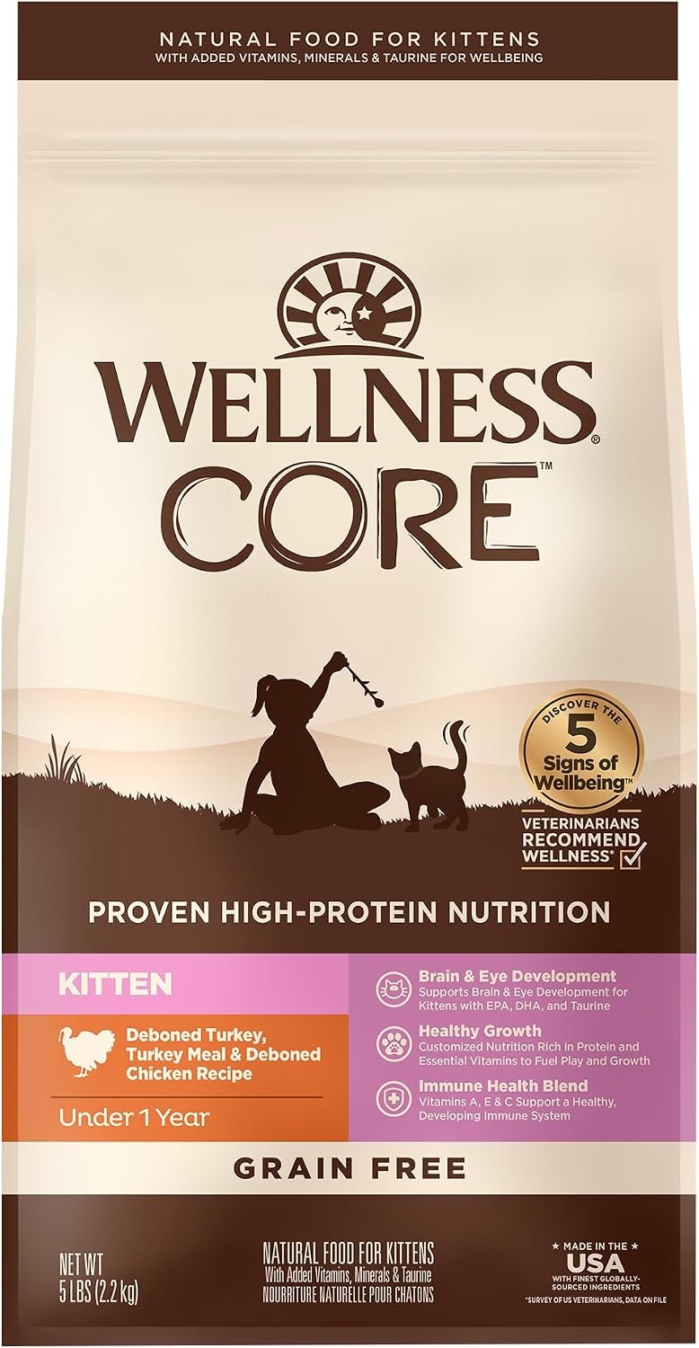 Wellness CORE Kitten Dry Cat Food, Natural, Grain Free Kibble, Turkey Meal and Chicken Recipe, 5 lb Bag