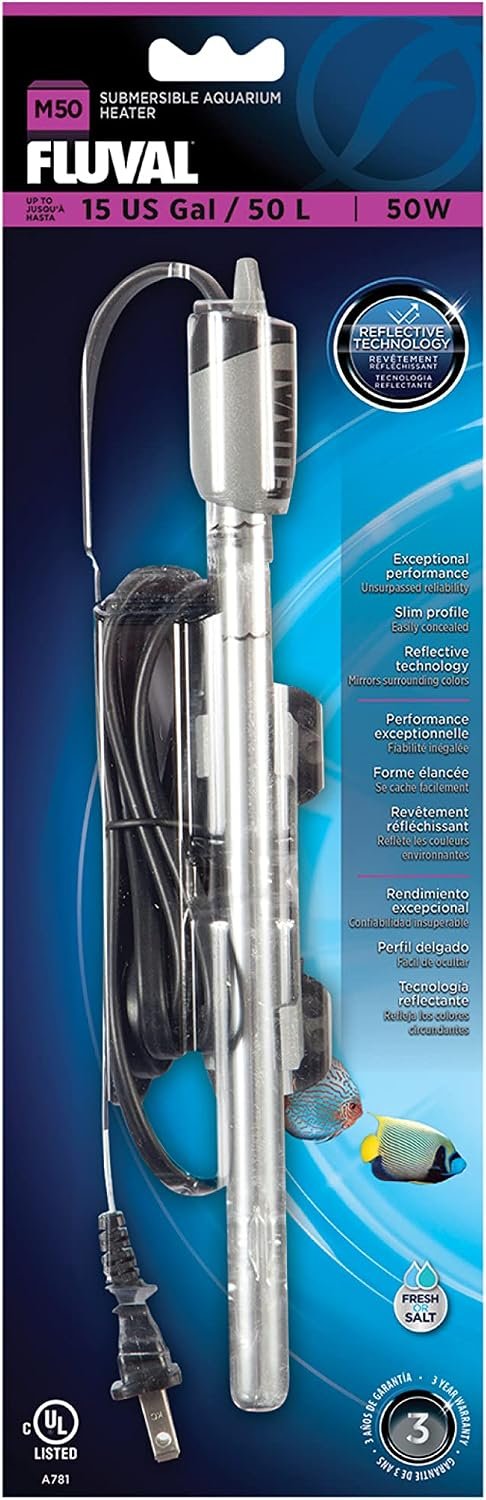 Fluval M 50-Watt Submersible Aquarium Heater for Fresh & Saltwater Tanks | Compact, Reliable Heating with Mirror Technology