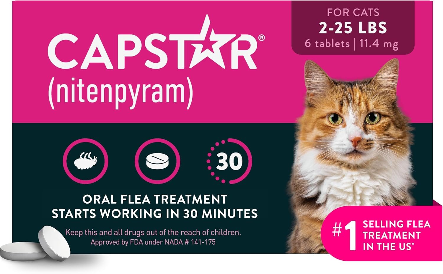 Capstar (nitenpyram) Cat Flea Treatment, Fast-Acting Oral Flea Treatment for Cats 2-25 lbs, Vet-Recommended Medication Tablets Start Killing in 30 Minutes, 6 Doses