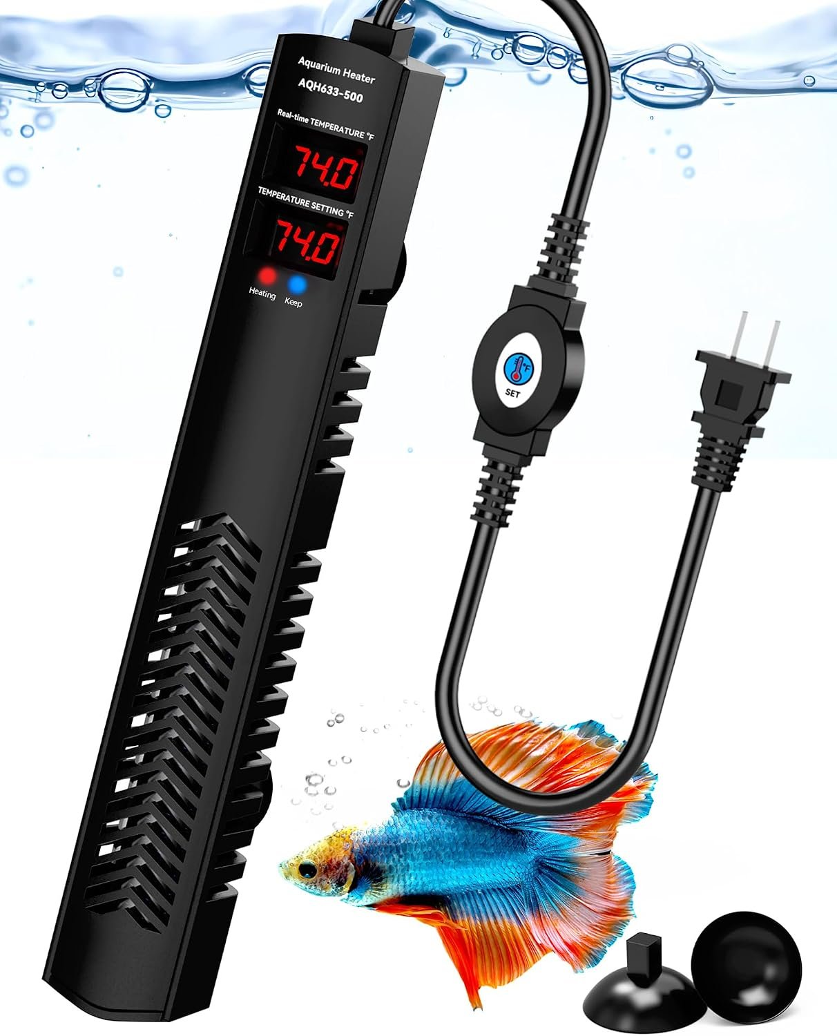 AHJ 500W Aquarium Heater for 75-120 Gallon Fish Tanks, Submersible Heater | Accurate Temperature Control, Overheat Protection, Auto Shut-Off, Fast Heating for Freshwater and Saltwater Aquariums