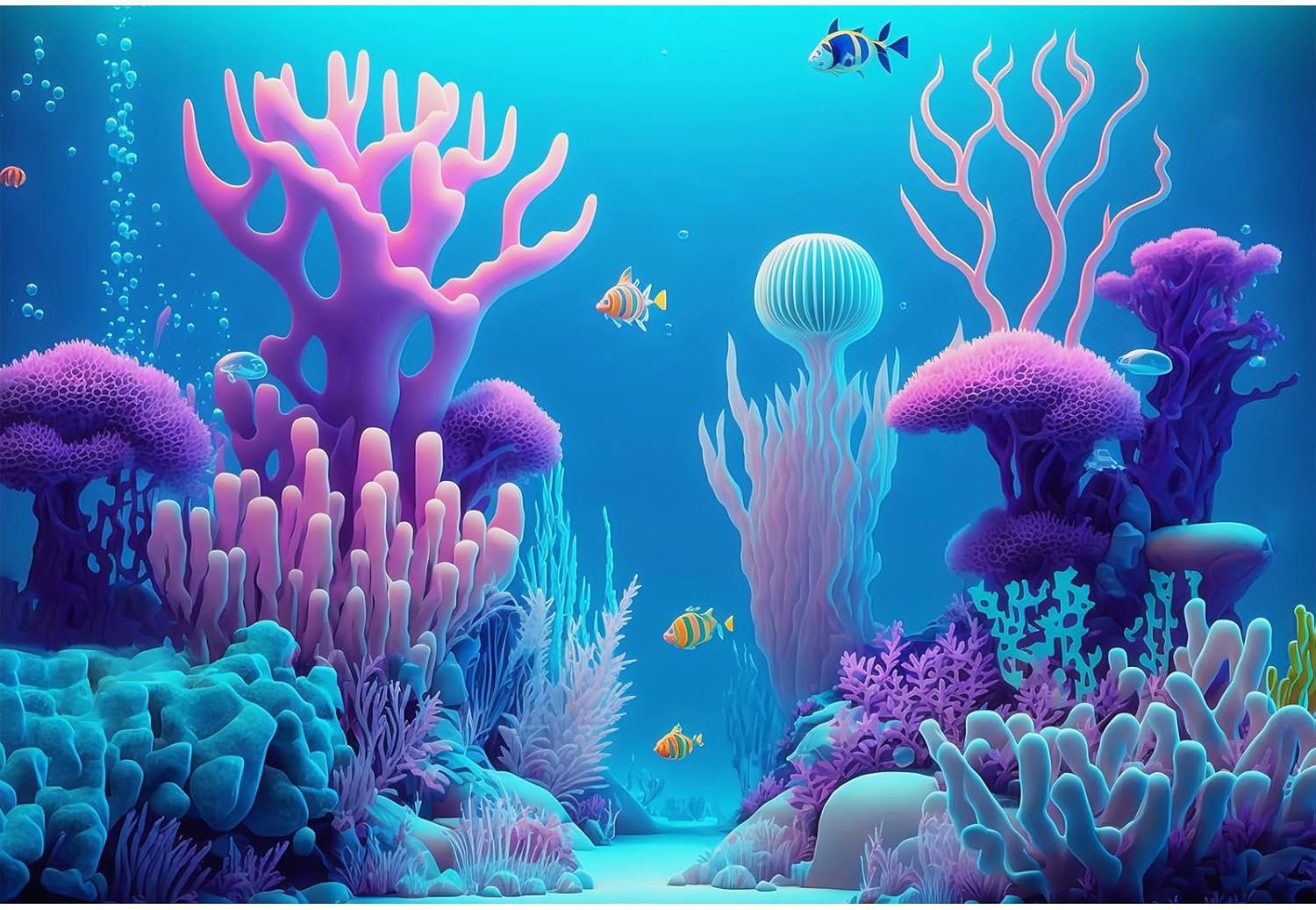 Underwater Landscape Aquarium Background Cartoon Style Pink Corals and Striped Fish Terrarium Background Tropical Colourful Fish Marine Sun Rays Fish Tank Backdrop Poster Decorations Vinyl 24x16in