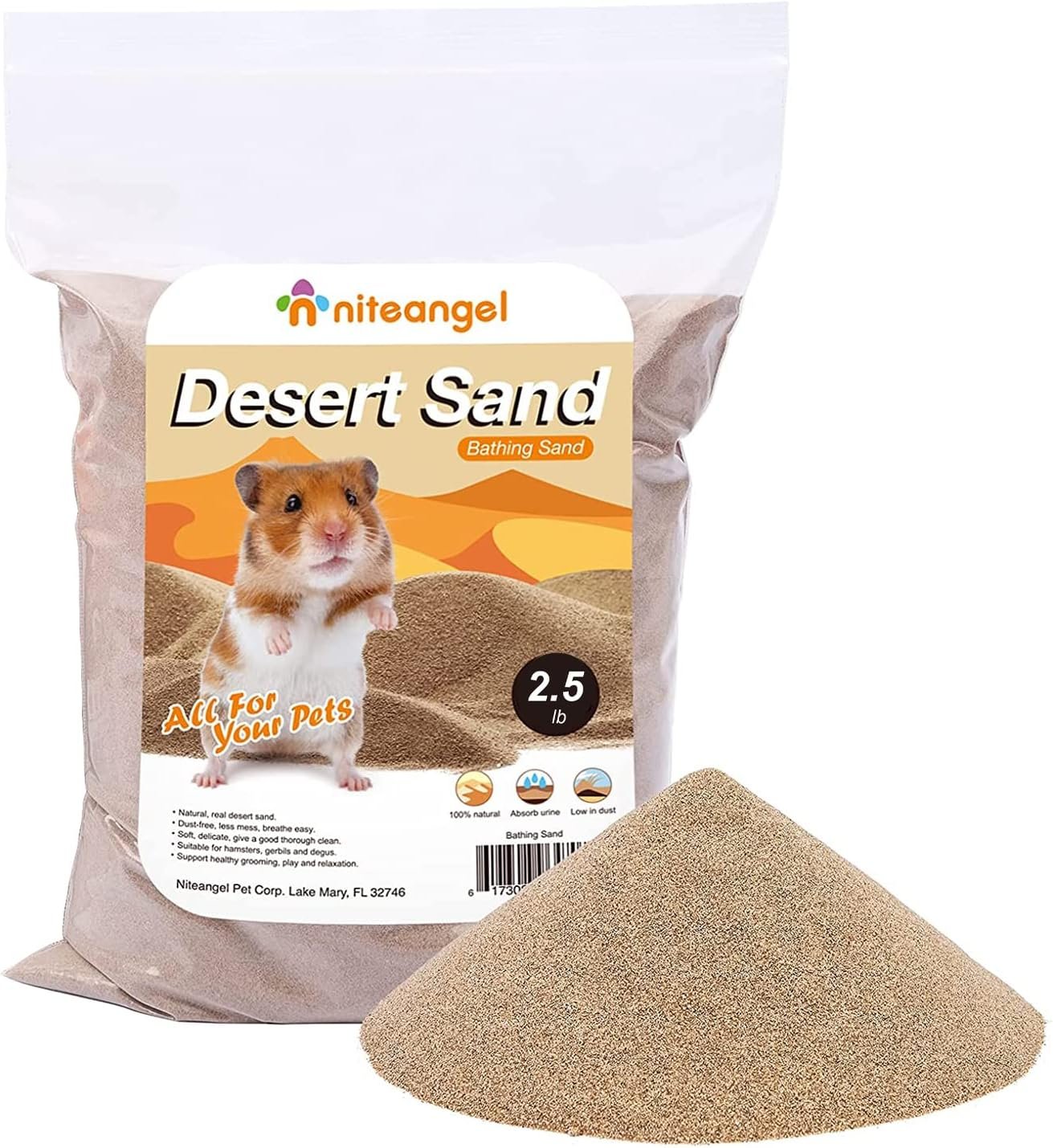Niteangel Hamster Desert Bath Sand: 2.5lb/40oz No-Dust Bath & Easy to Clump | Helps Odor Control & Remove Excess Grease – Potty Litter Sand for Hamster Chinchillas Gerbil Mice Degu or Other Small Pets