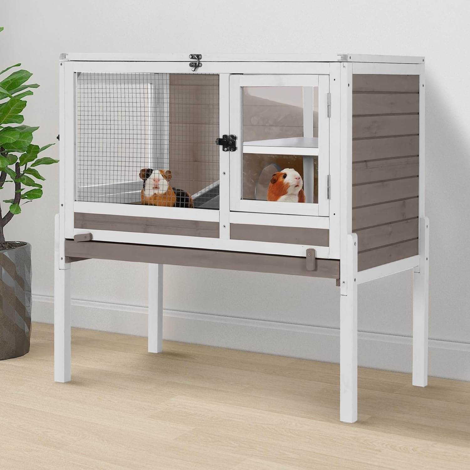 Aivituvin 2-Story Indoor Rabbit Hutch Guinea Pig Cage with Stand, Wooden Bunny Cage Small Animal Cages with Chew-Proof Ramp, Pull-Out Tray & Leakproof PVC Layer (Brown)