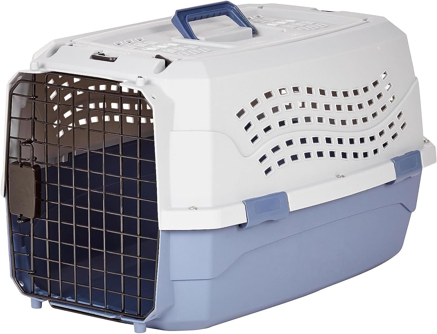 Amazon Basics Sturdy Portable 2-Door Top-Load Hard-Sided Pet Travel Carrier with Secure Ventilation, Handle, Front & Top Entry for Dogs, Cats, 22.8″L x 15″W x 13″H, Gray & Blue