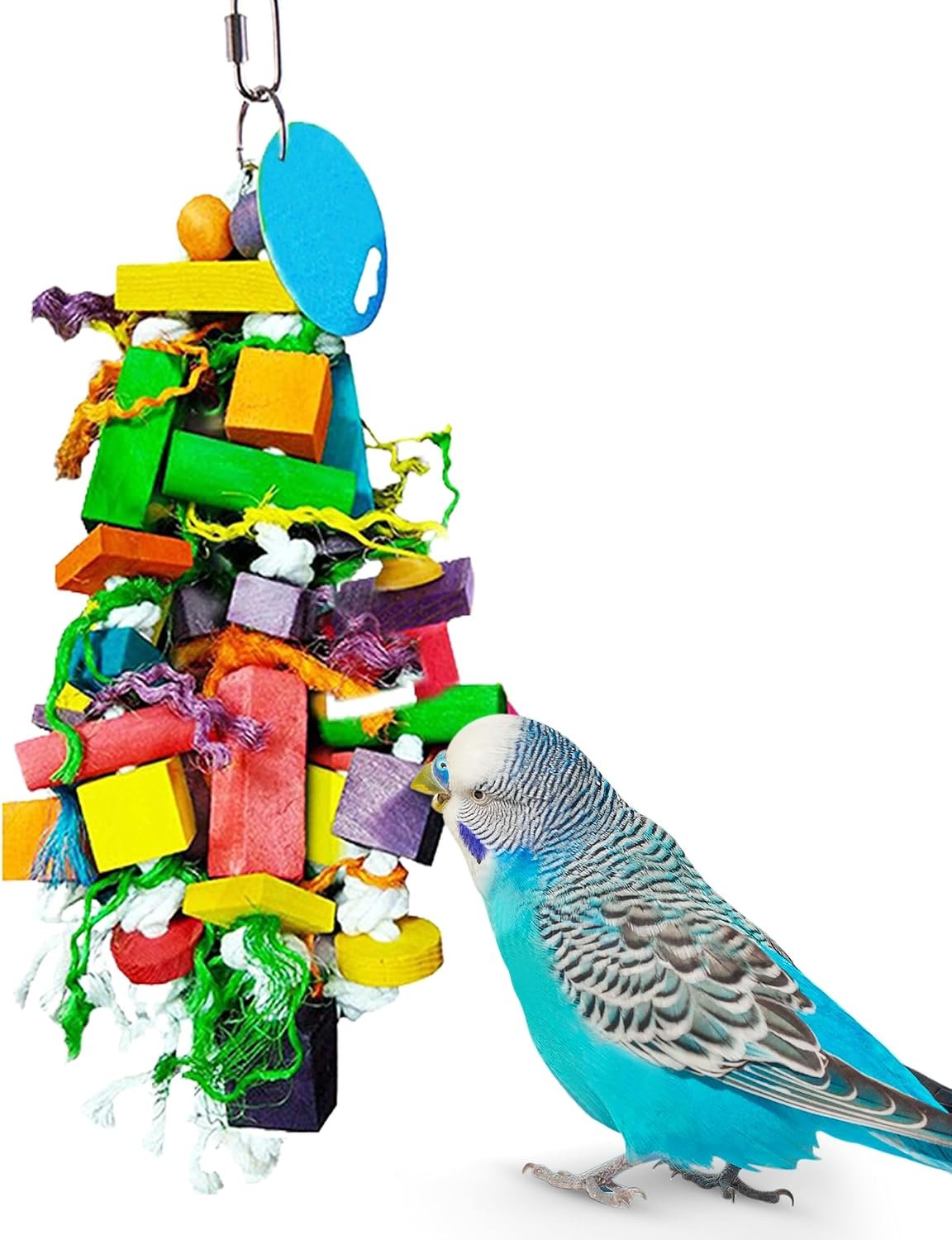 SunGrow Parrot Wooden and Rope Chewing Toy, Multi-Shaped and Multicolored Blocks and Cotton Rope with Hanging Loop (6 Inches)