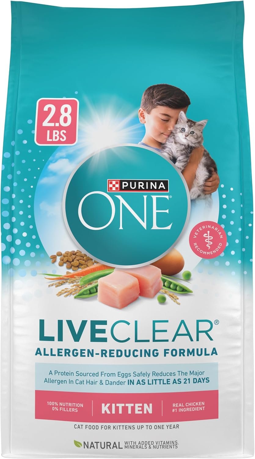 Purina ONE LiveClear Dry Kitten Food, Chicken, 2.8 lb | Real chicken is the #1 ingredient, reduces allergens in kitten hair and dander by 47%, includes DHA for vision support