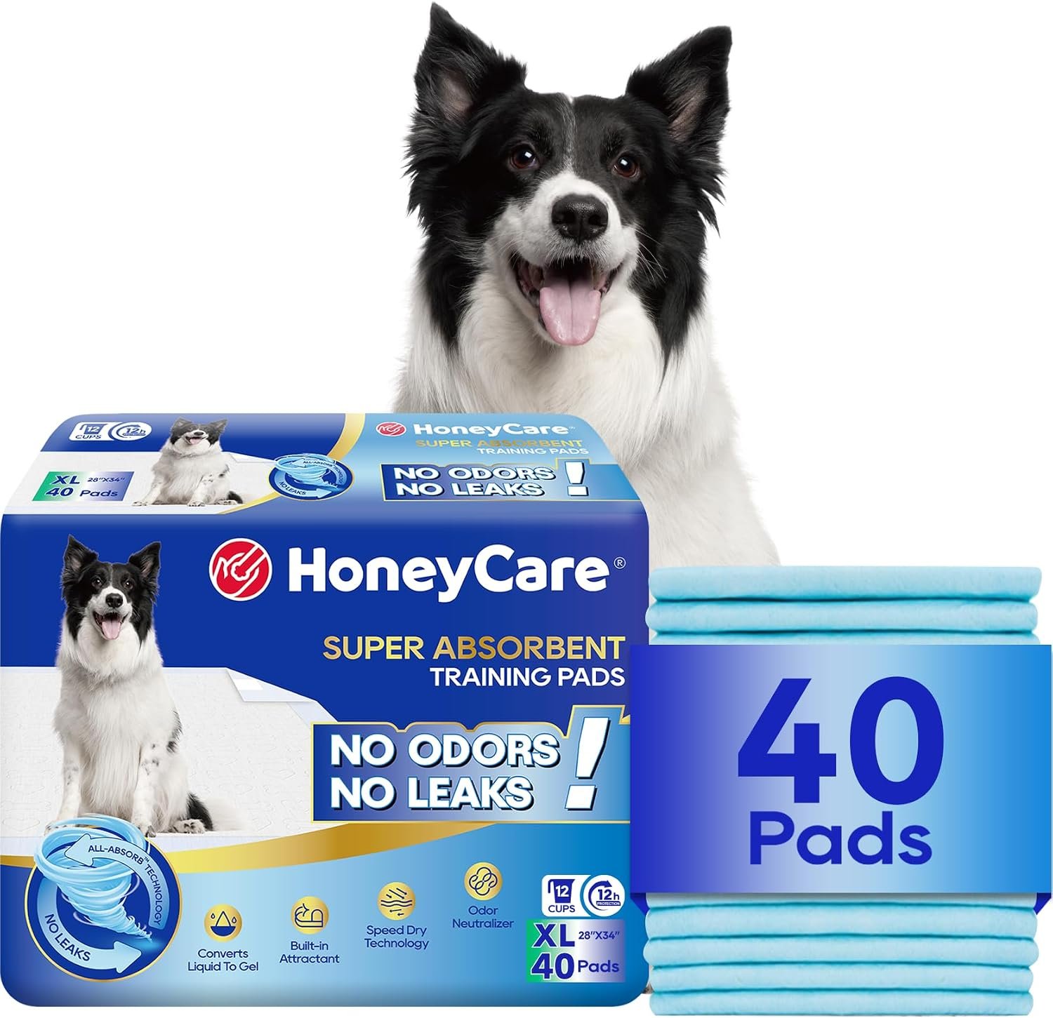HONEY CARE All-Absorb, X-Large 28″ x 34″, 40 Count, Dog and Puppy Training Pads, Ultra Absorbent and Odor Eliminating, Leak-Proof 5-Layer Potty Training Pads with Quick-Dry Surface, Blue