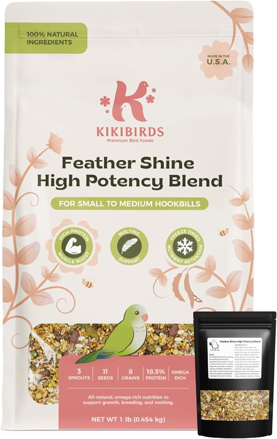 Feather Shine High Potency Blend with Bee Pollen & Freeze-Dried Sprouts – Premium Parrot Food for Molting, Breeding & Growth – Omega Rich | 17.5% Plant Protein | USA-Made