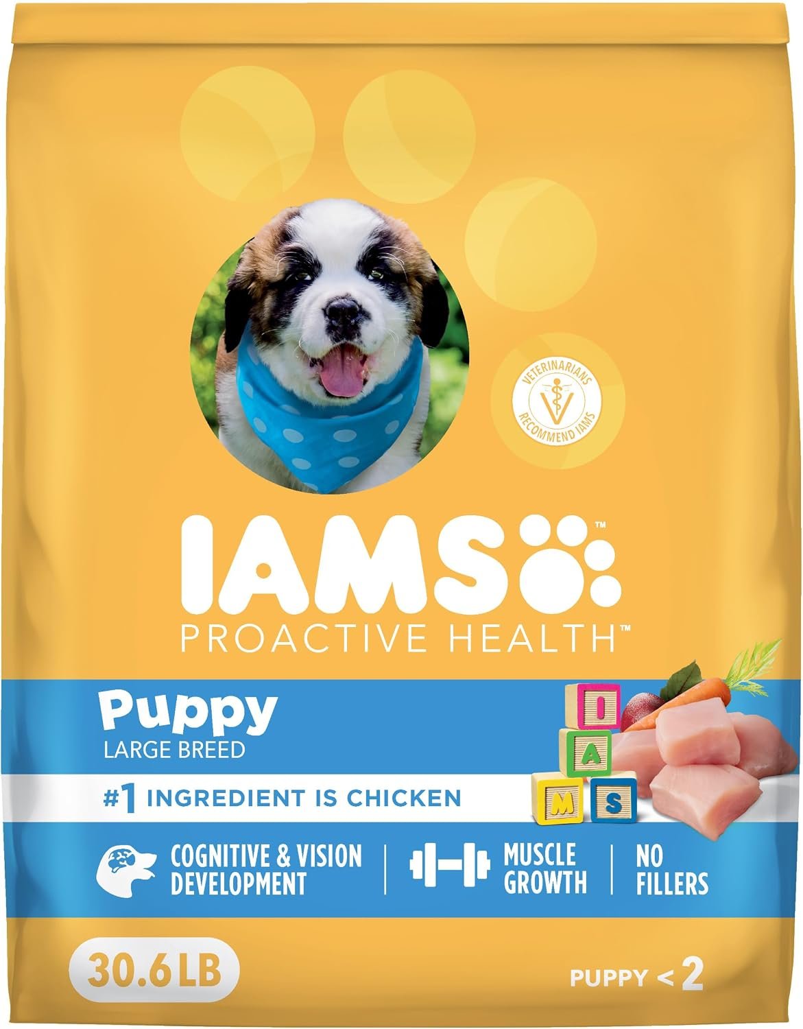 IAMS Proactive Health Large Breed Puppy Dry Dog Food, Chicken, 30.6 lb | Real chicken #1 ingredient, Omega-3 DHA for cognitive & vision development, optimal calcium for bones & joints, Vitamin E
