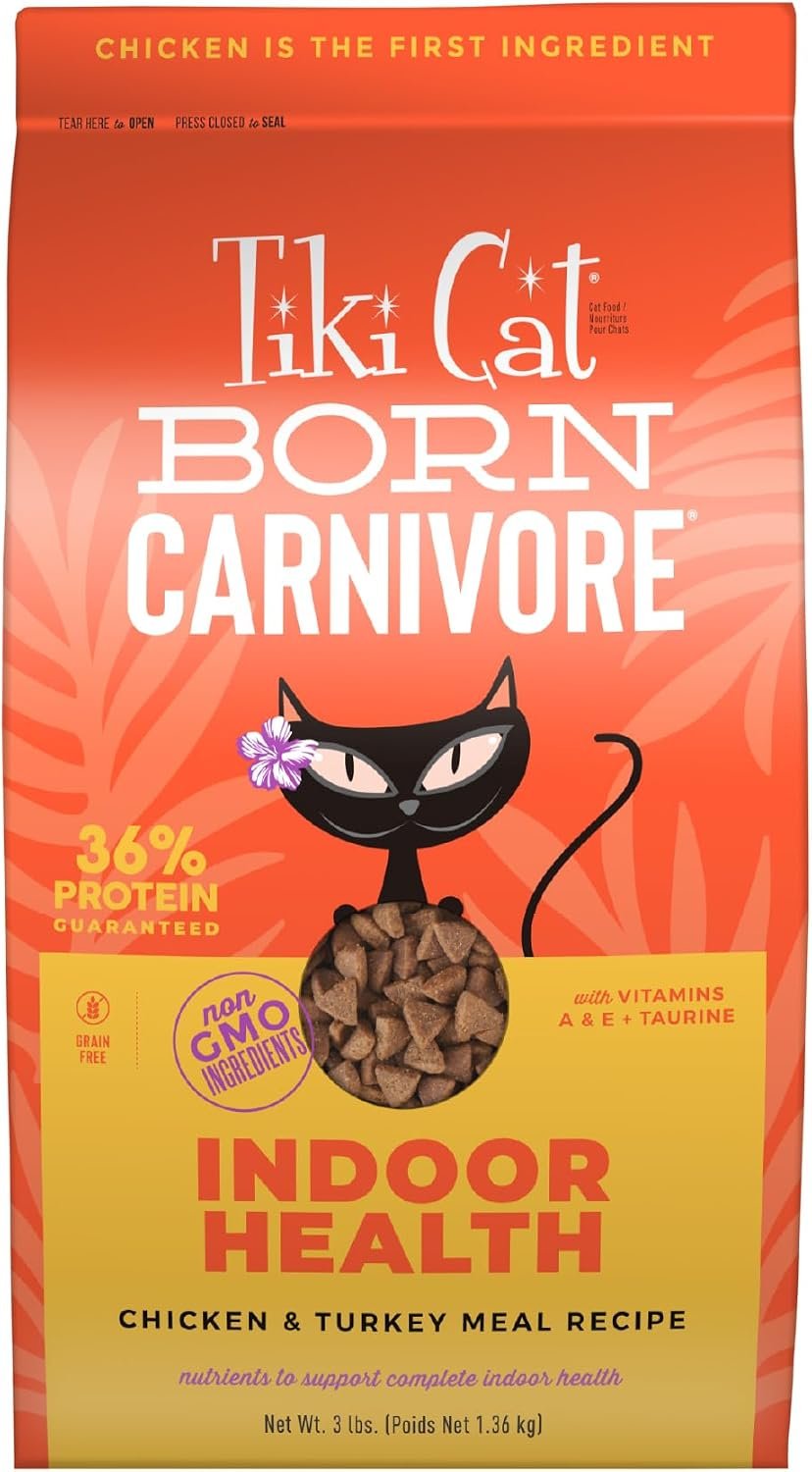 Tiki Cat Born Carnivore Dry Cat Food, Chicken & Turkey Meal, 3 lbs. Bag | Crunchy Kibble Texture for Indoor Cats, Real Animal Protein, Non-GMO Ingredients, Supports Immune and Digestive Health