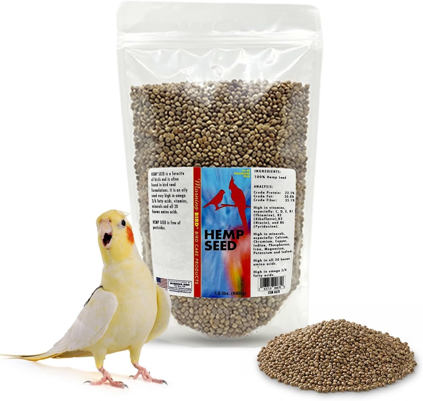 Morning Bird Hemp Seeds 1.5 lbs – Natural Superfood Seed – High in Natural Protein, Healthy Fats, Omega 3 and 6 Fatty Acids, Delicious Natural Flavor, Supports Feather Growth & Overall Health | Natural Protein Source, Healthy Fats & Omega 3-6 – Supports Bird Feather Growth & Overall Health – Delicious Natural Flavor