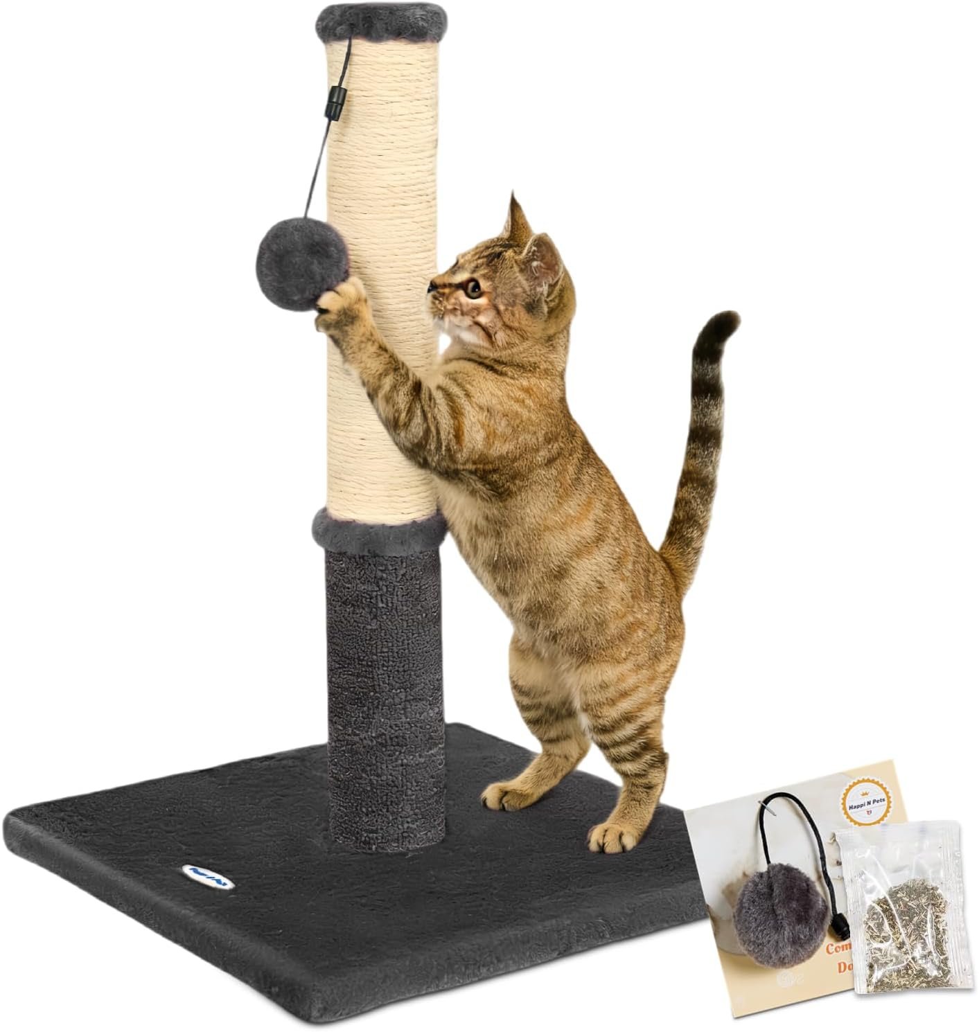 Happi N Pets Cat Scratching Post, Cat Scratchers for Indoor Cats, with Toys | For Kitten & Medium Cats, Sisal & Carpet In One For Various Scratching Needs, Solid Structure, Extra Free Toy, Smokey Gray