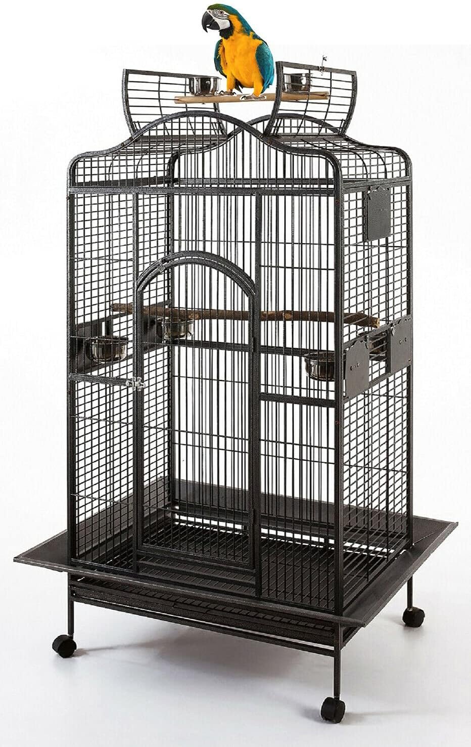 2 Color, Extra Large Wrought Iron Dome Top for Macaw Goffin’s Cockatoo Cockatiels African Grey Amazon Parrots Green Cheek Conures Caique Bird Cage with Rolling Stand (Black-Vein)