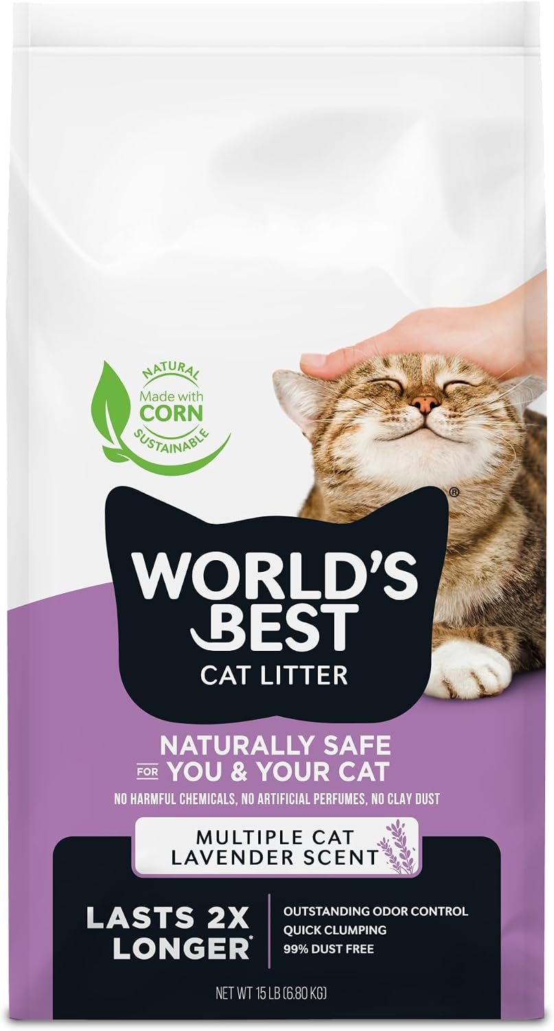 World’s Best Cat Litter, Lavender Scented, Long-Lasting Odor Control, 15 lb | Controls multi-cat odors with a calming lavender scent; natural corn litter, quick clumping, flushable, 99% dust free formula