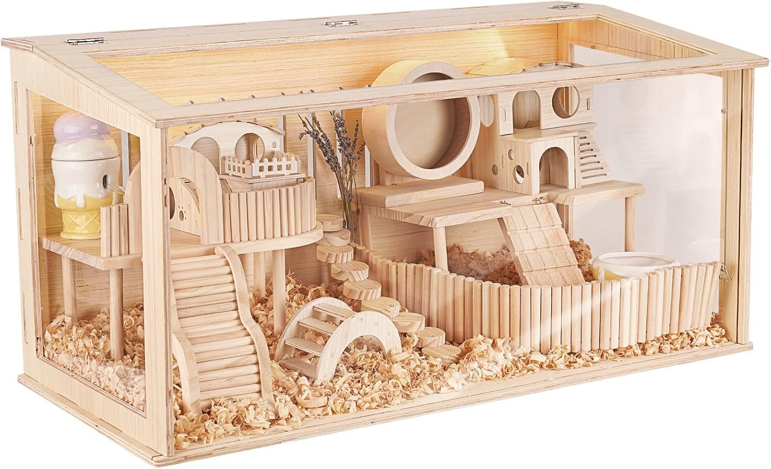 Wooden Hamster Cage, 32″x16″ Large Hamster Hideout Openable Top with Acrylic Sheets Built, Suit for Sugar Glider, Gerbil, Big Guinea, No Decoration