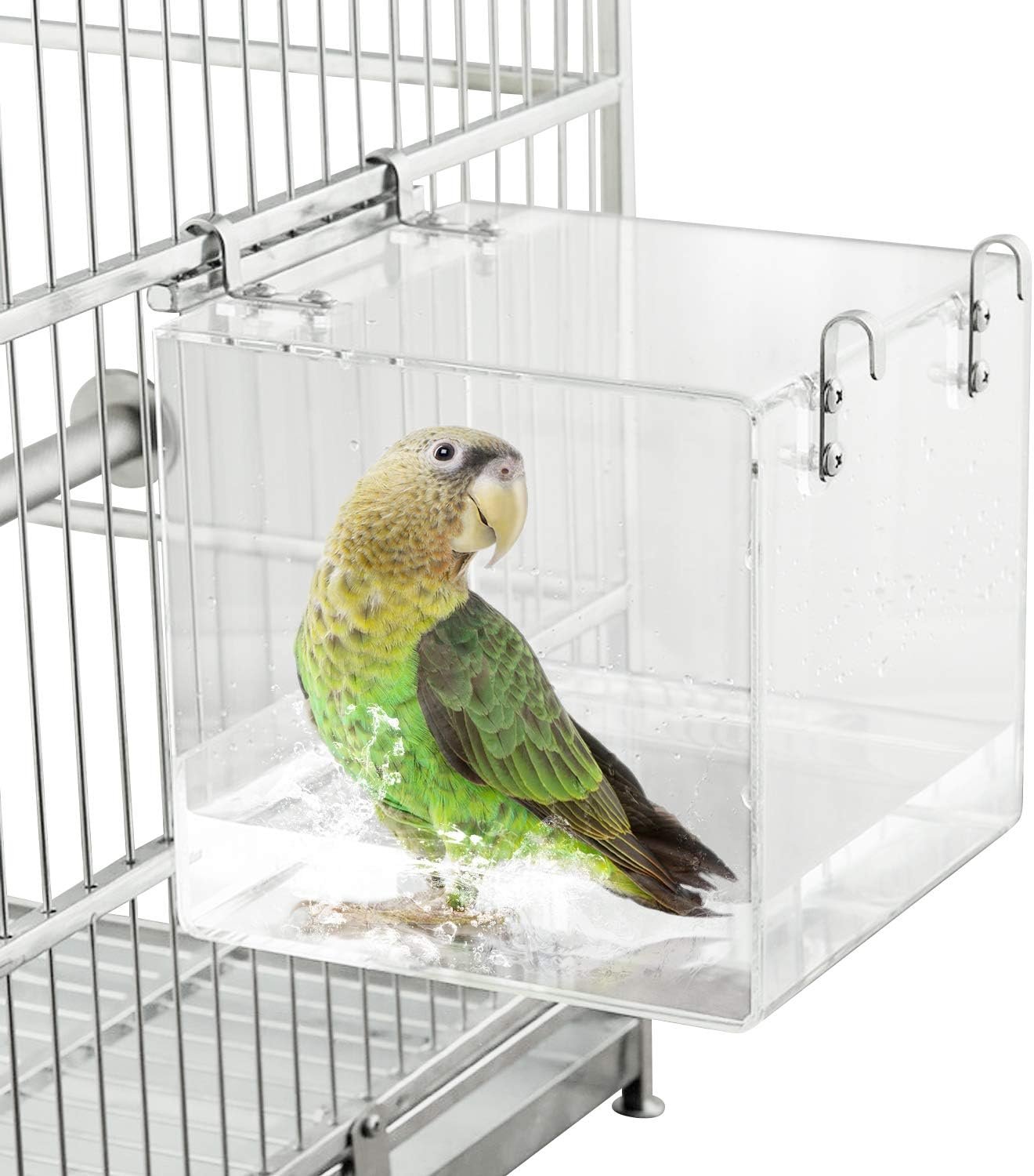 Bird Bath for Cage No-Leakage Upgrated Acrylic Clear Bird Bathtub Parrot Parakeets Shower for Cage Bathtub Box for Small Bird Parrot with 4 Hooks