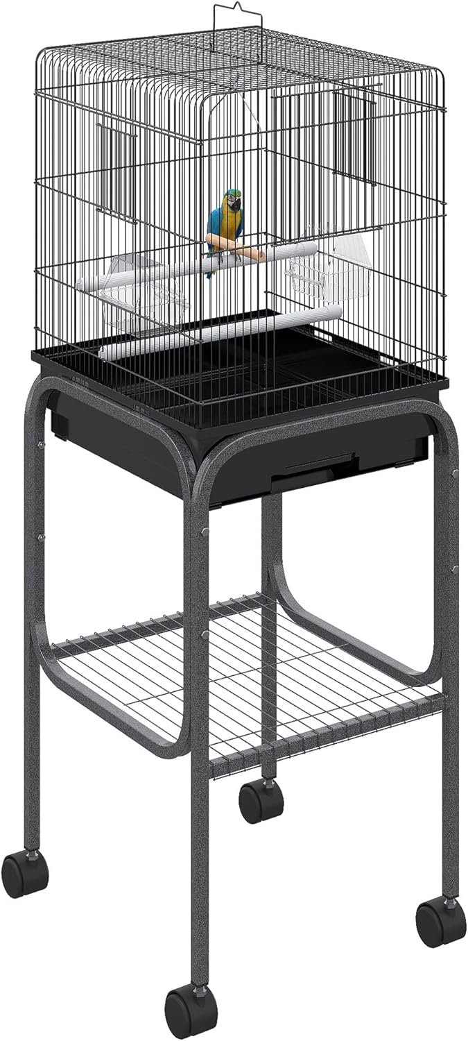 Pawhut 45-inch Metal Indoor Bird Cage, Parrot Cage, Bird Aviary with Detachable Rolling Stand, Storage Basket, and Accessories – Black | Parrot Cage, Bird Aviary, Storage Basket, Accessories