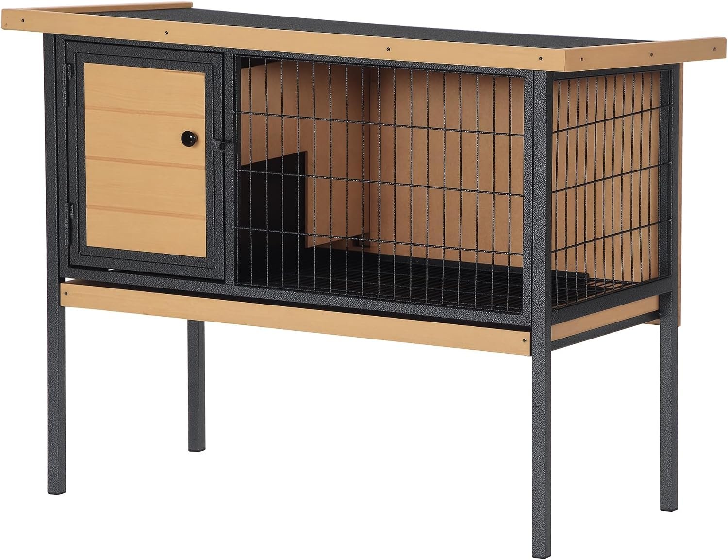 PawHut Rabbit Hutch Elevated Bunny Cage Metal Frame No Leak Tray Natural | Small Animal Habitat, Metal Wire Pan, Openable Water-Resistant Asphalt Roof, for Rabbits Chickens Ducks, Indoor/Outdoor