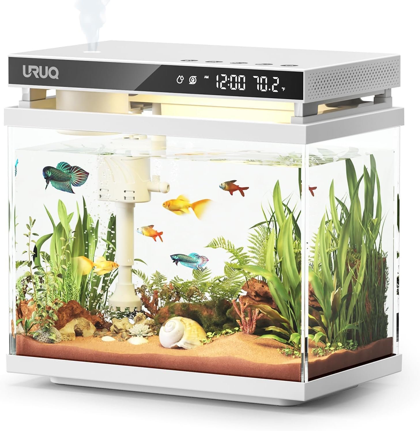 URUQ Fish Tank Smart Aquarium Kit 2 Gal UHD Glass Aroma Diffuser – White | Silent Water Pump, Temperature Monitoring, 7 Color Lights, Multi-Layer Filtration, Room Desktop Decor