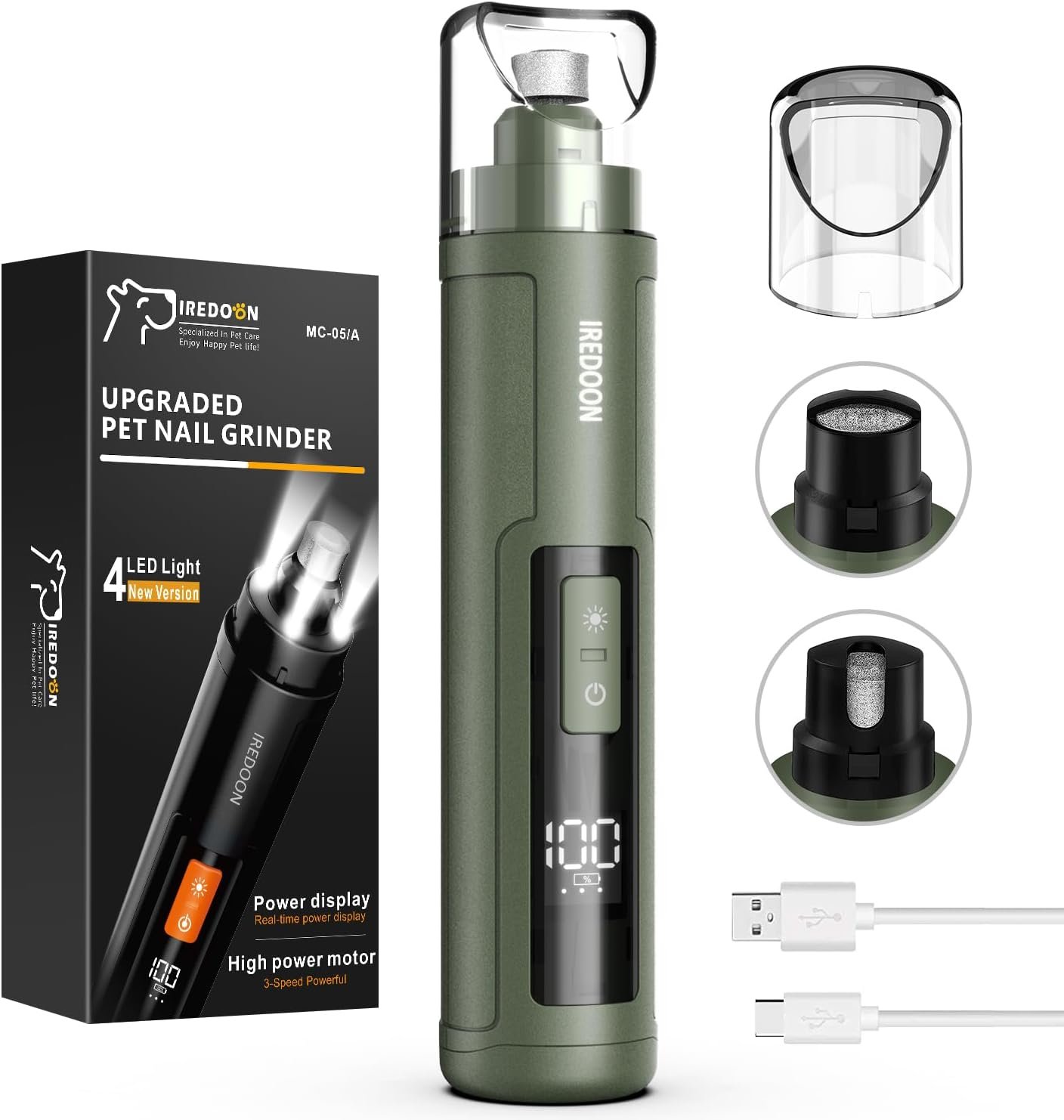 IREDOON Dog Nail Grinder with 4 LED Lights, 3 Speeds Super Quiet for Pets | Low Vibration,Electric Pet Nail Grinder, Professional Painless Paw Grooming & Smoothing for Small to Large Dogs Cats(Green)