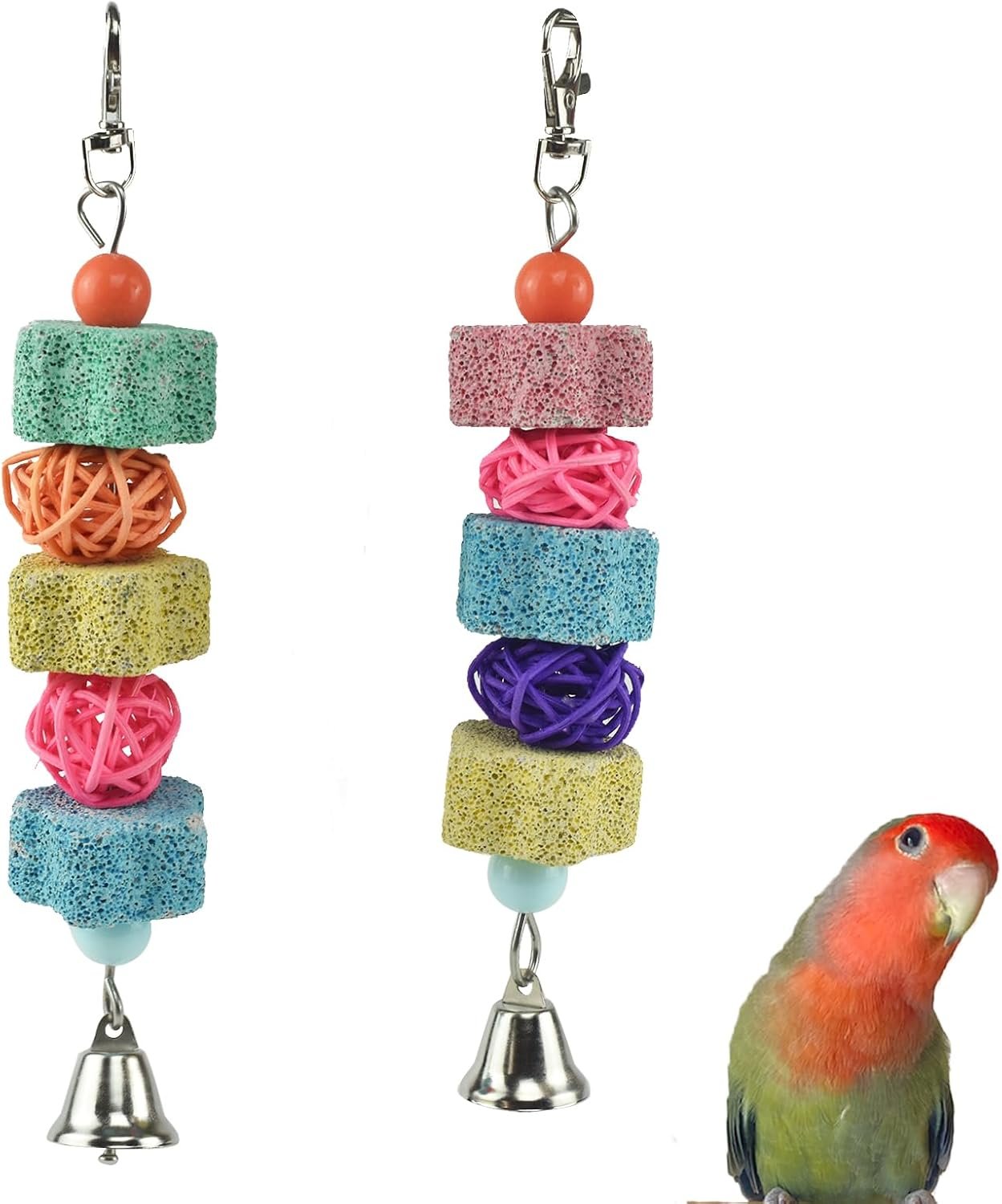 2 Pack Bird Beak Grinding Stone Parakeets Chewing Lava Calcium Blocks Toys | Chinchilla Grinding Teeth Lava Block, Cockatiels Nail Trimmer with Bell Rattan Balls for Budgies Rats other Small Animals