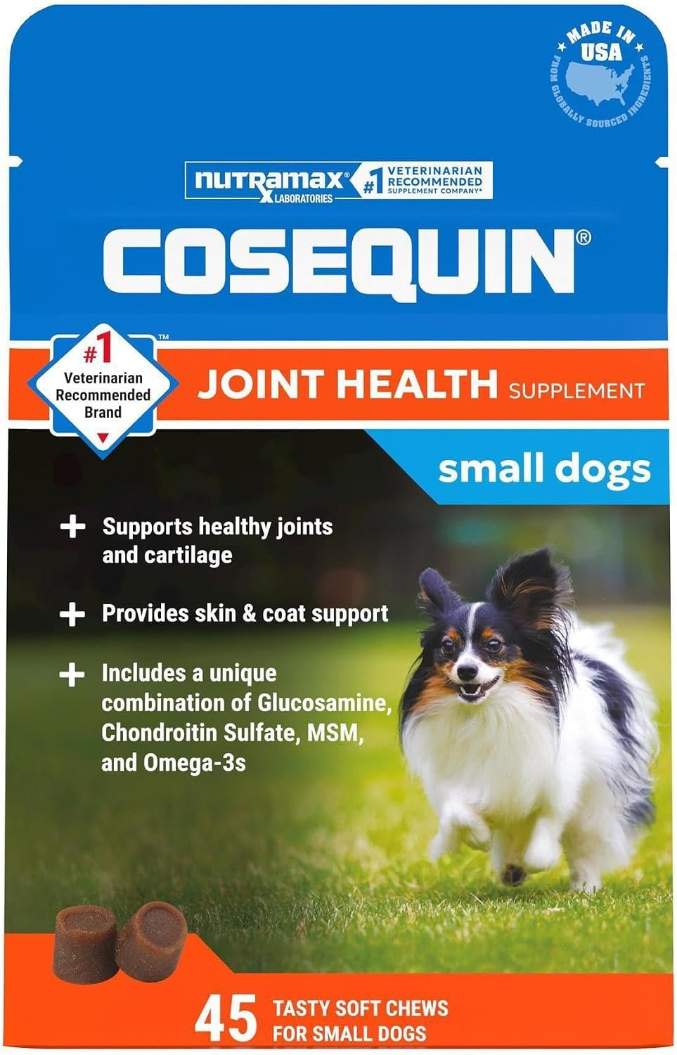 Nutramax Cosequin for Small Dogs, Soft Chews, 45 Count | Glucosamine, Chondroitin for Dogs with MSM, Omega-3s, Supports Healthy Skin and Coat, Small Dog Soft Chews, All Ages