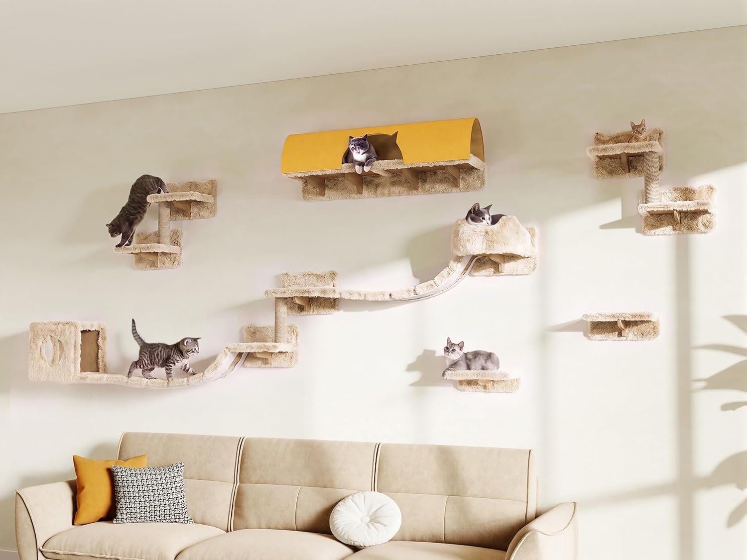16-in-1 Cat Wall Shelves, Cat Furniture w/Tunnel & Bridge, Beige | Wall Mounted Cats Shelf Set with Plush Fabric, Cat Climbing Wall Systems for Adult Cats, with Scratching Posts, Condos