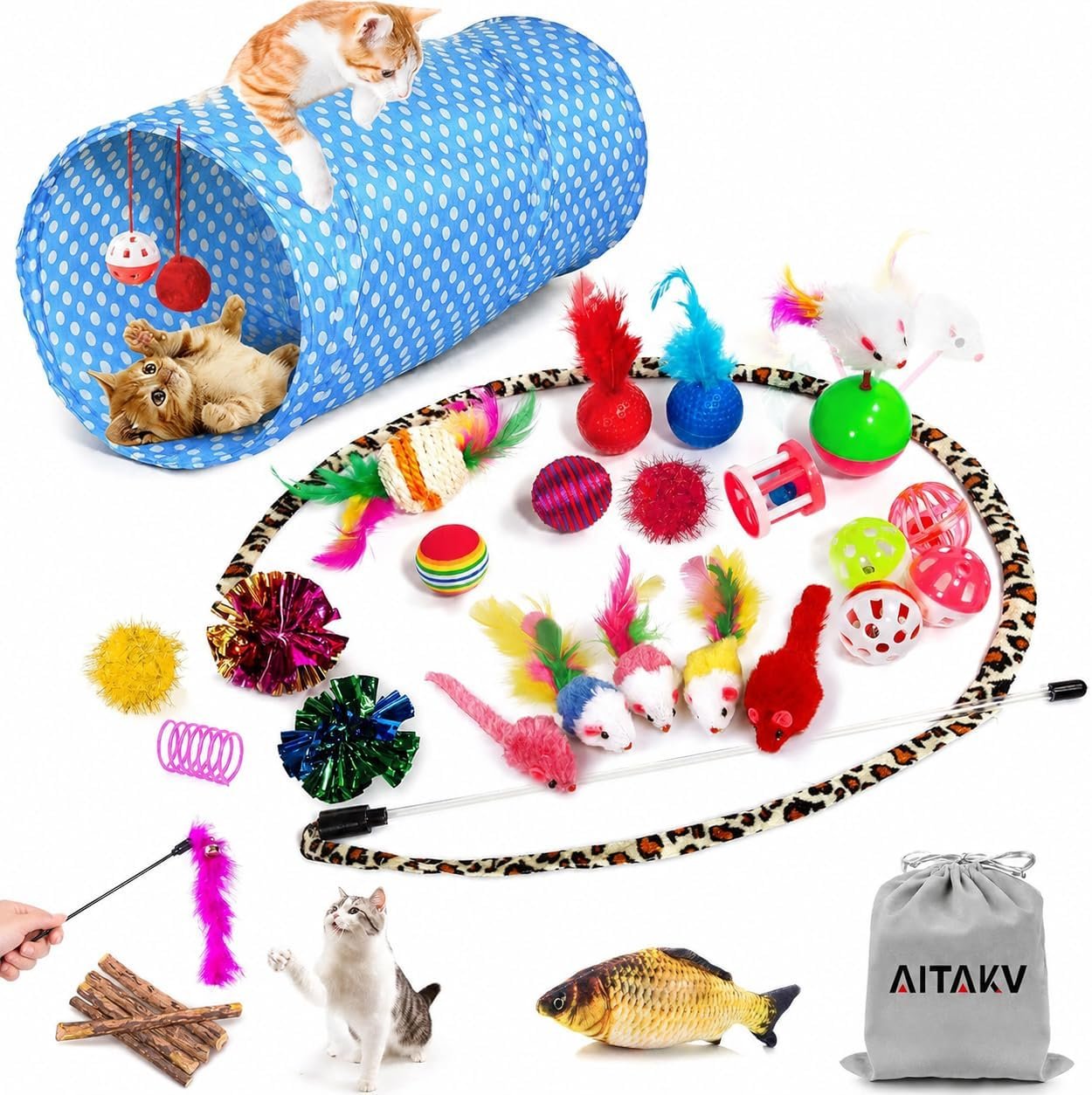 AILUKI 35PCS Cat Toys Variety Pack for Indoor Cats, Kitten Toys Cat Tunnel | Kitten Toys for Indoor Kittens Cat Toy Bundle Set with Feather Wand, Plush Mice, Crinkle Balls & Interactive Cat Toys Bundle