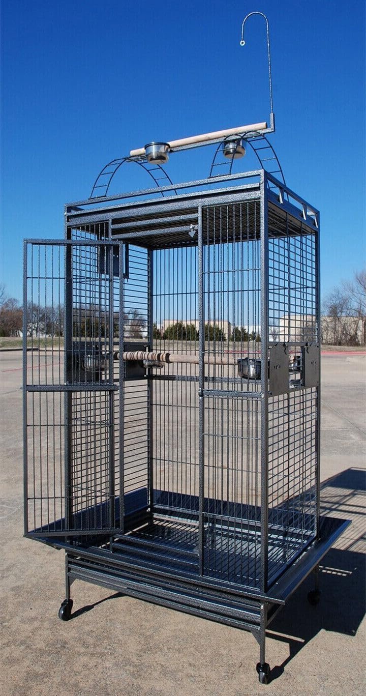 Large Double Ladders Open Play Top Wrought Iron Bird Parrot Parakeet Finch Macaw Cockatoo Cage, Include Seed Guard and Toy Hook (30.5”L x 29.5”W x 65”H, Black Vein)