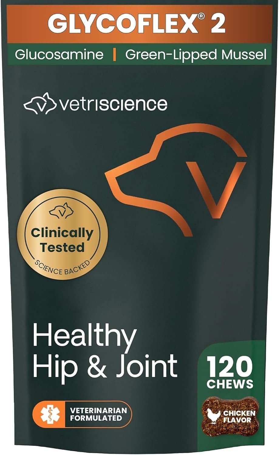 VetriScience Healthy Hip & Joint Chews for Dogs, Chicken, 120 Count | GlycoFlex Glucosamine & Green-Lipped Mussel Joint Support Supplement for Dogs, Promote Mobility & Protect Joints