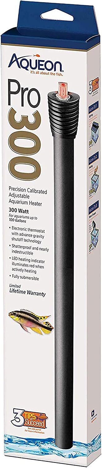 Aqueon Pro 300 Submersible Fish Tank Heater, 300 Watts | 300 watt aquarium heater, adjustable 68 to 88Â°F, auto shut-off, for fresh and saltwater aquariums