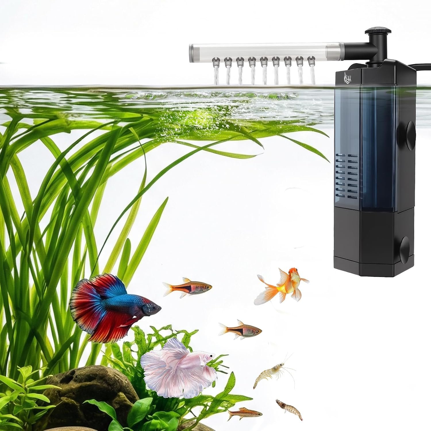 AQQA Internal Aquarium Filter – Submersible 5-40 Gallons Fish Tank Filters | Adjustable Wave Maker, Bottom Inlet Whisper Pump and Underwater Automatic Power Water Filter System for Freshwater (M)