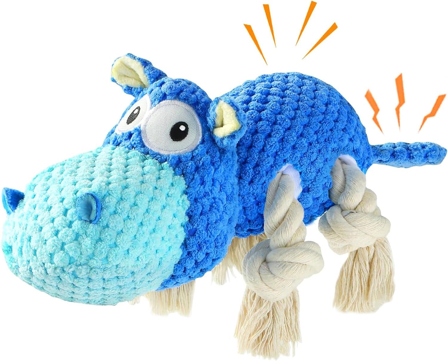 TOOPTATE Hippo Squeaky Dog Toy, Blue, Medium | Cute Plush Design, Rope Legs for Tugging, Helps Keep Dogs Busy, Suitable for Small, Medium, and Large Dogs