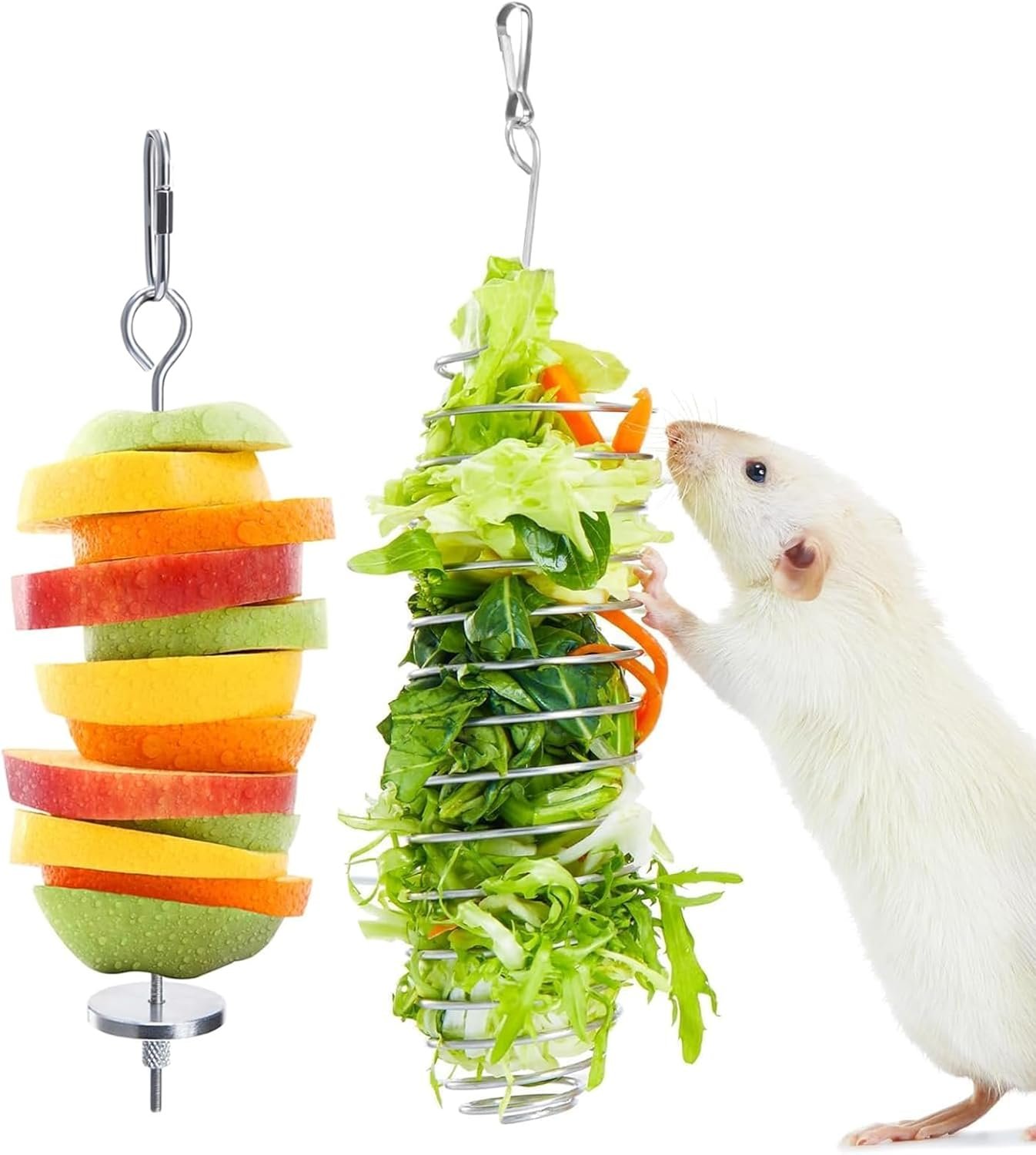 2Pcs Rat Enrichment Toys, 304 Stainless Steel Holder for Fruit Veggie | Fancy Mice Cage Puzzle Toy, Hanging Rodent Slow Feeder to Keep Pets Healthy, Bird Foraging Toy for Parakeet, Dishwasher Safe