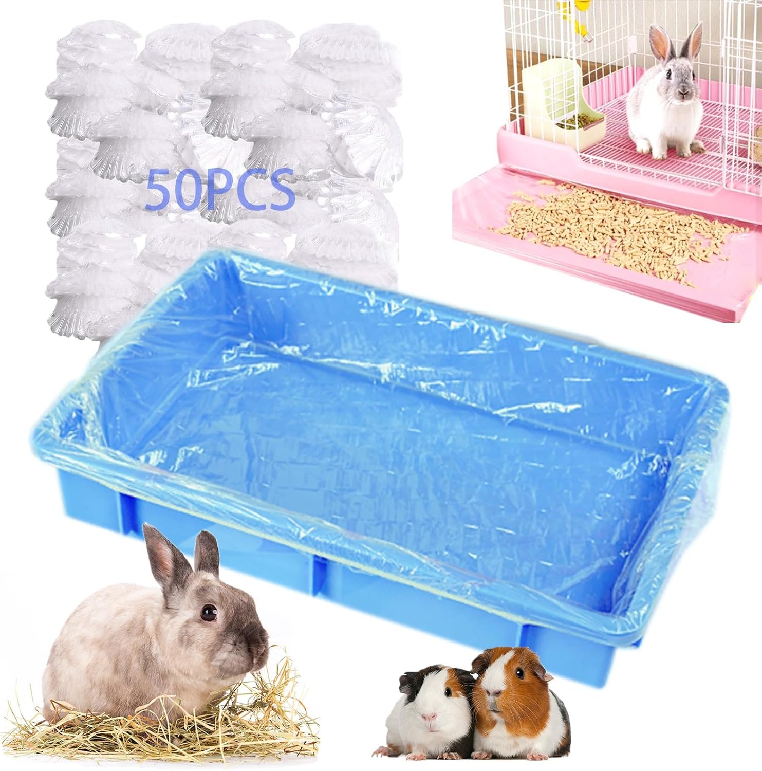 50Pcs Large Rabbit Cage Liner Disposable Bunny Cage Liner Bag 34” X 22”- Clear Elastic Pet Toilet Film Small Animal Tray Covers for Bunnies Ferrets Chinchillas Birds – Leak Proof & No Mess