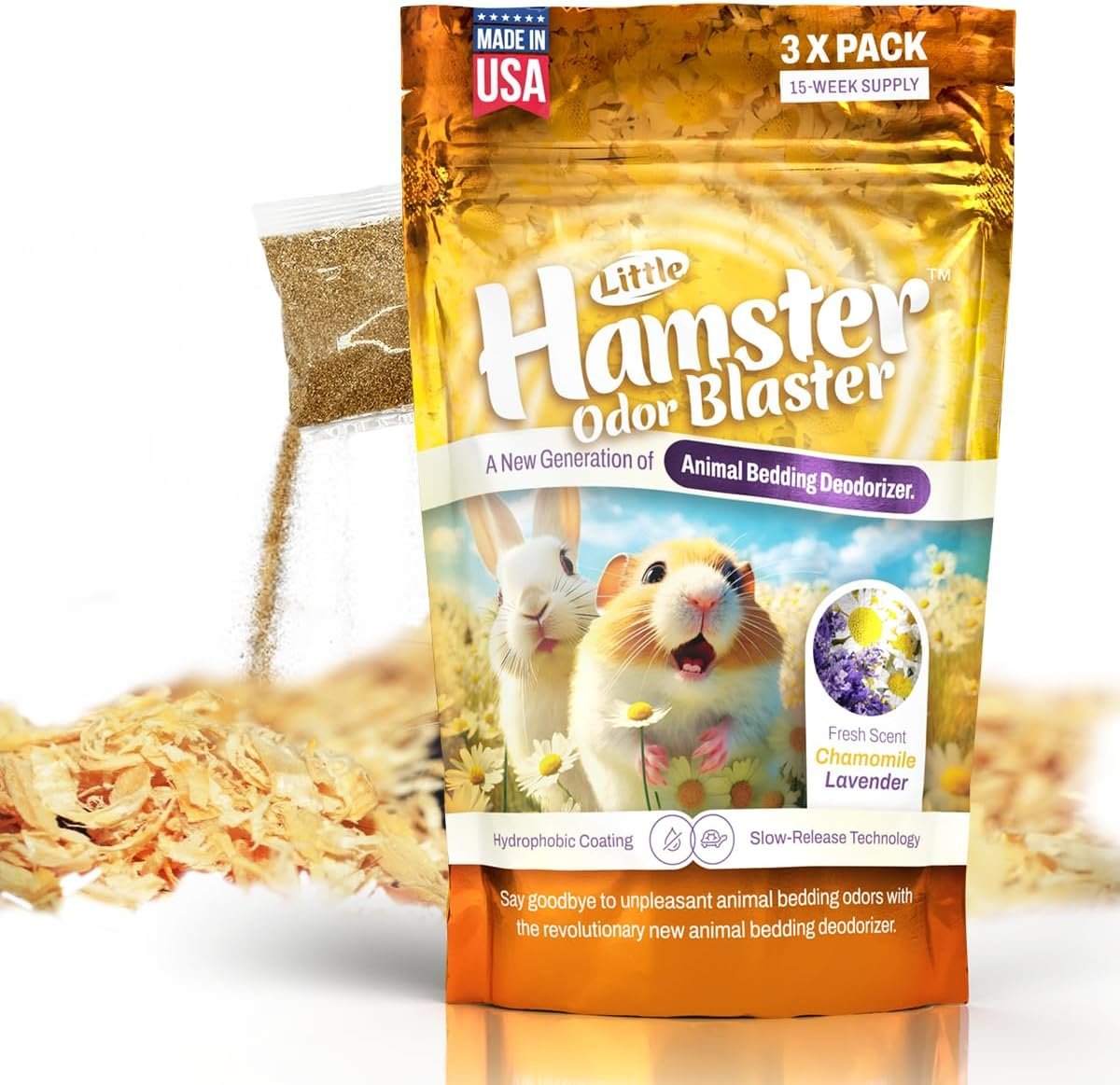 Hamster Odor Blaster | a New Generation Of Animal Bedding Deodorizer | Unique Slow Release Formula | Natural Fresh Scent – Lavender & Chamomile | Up to 15 Weeks Supply | 3 x 0.5oz bags